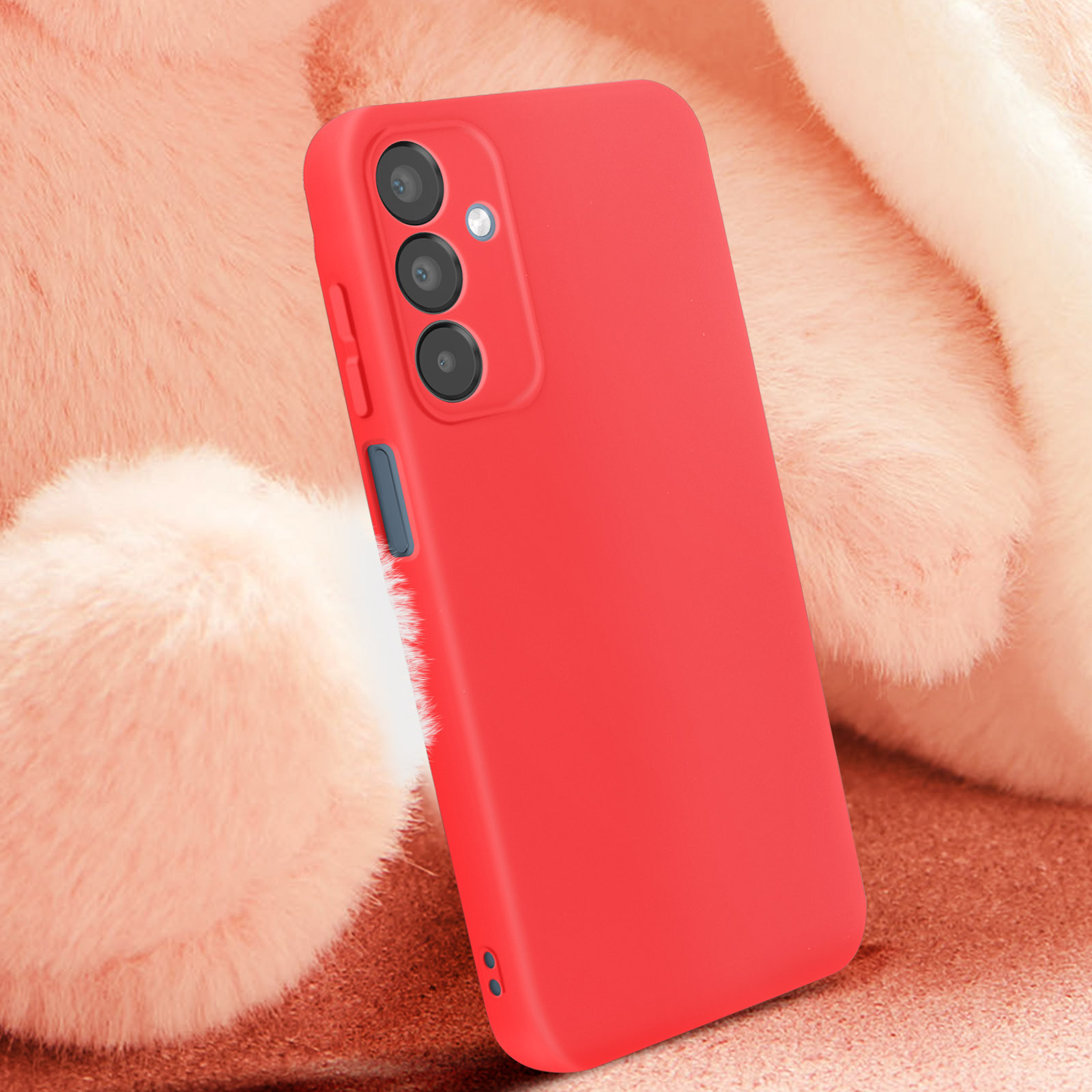Custodia per telefono rossa su un telefono, mostra fotocamera e pulsanti.