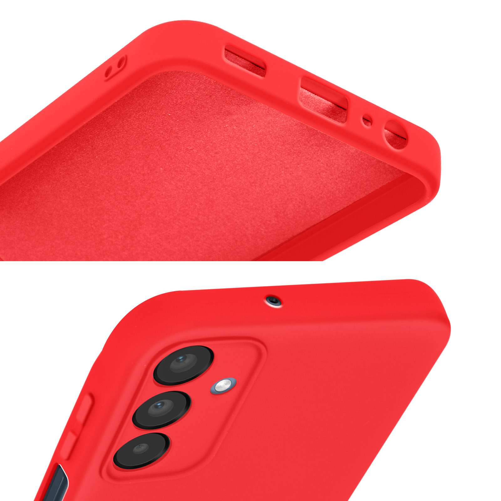 Custodia rossa per telefono con fori per la fotocamera. Primo piano della parte superiore e posteriore. La custodia ha una superficie liscia.