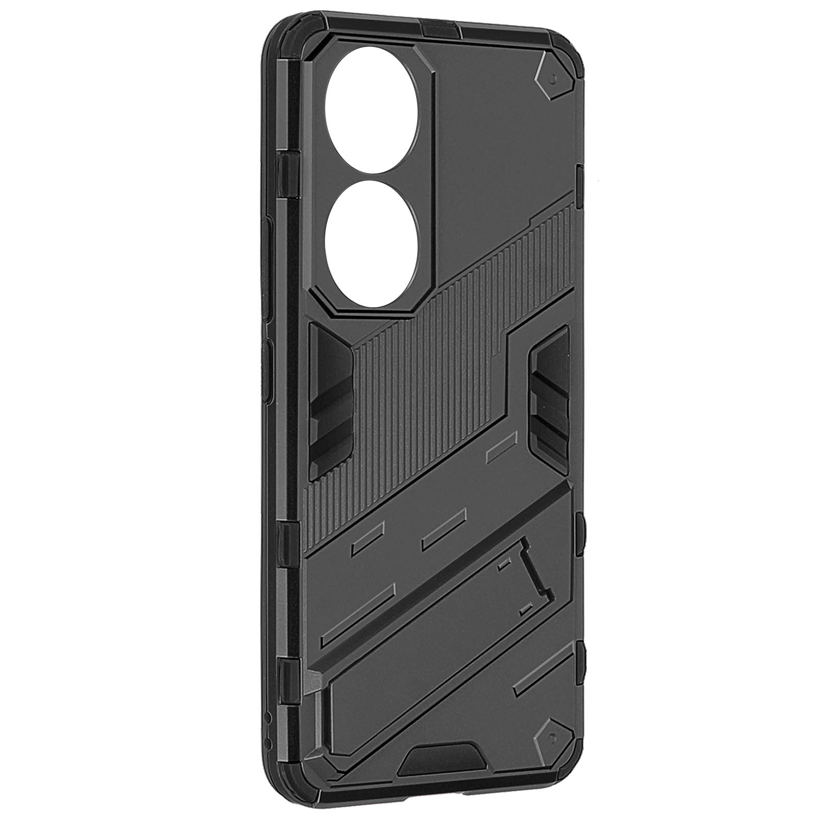 Custodia nera per telefono con un design geometrico.