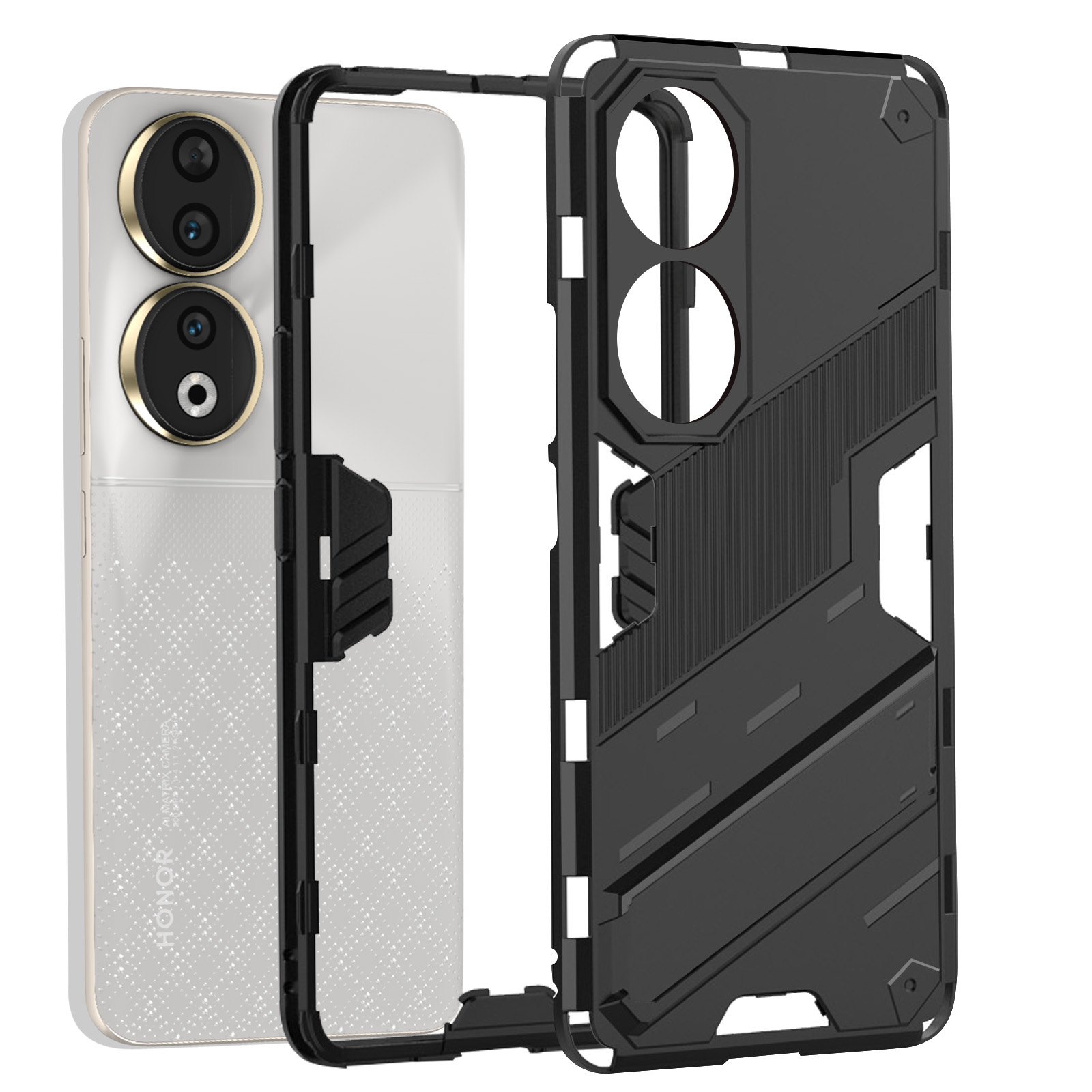 Una custodia per telefono in bianco e nero con un telefono nero e argento all'interno.