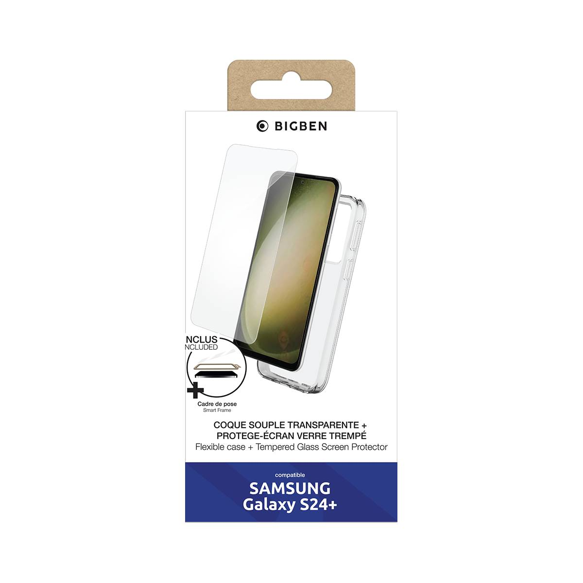 Confezione di una custodia per telefono e protezione schermo in vetro temperato. Per Samsung Galaxy S24+.