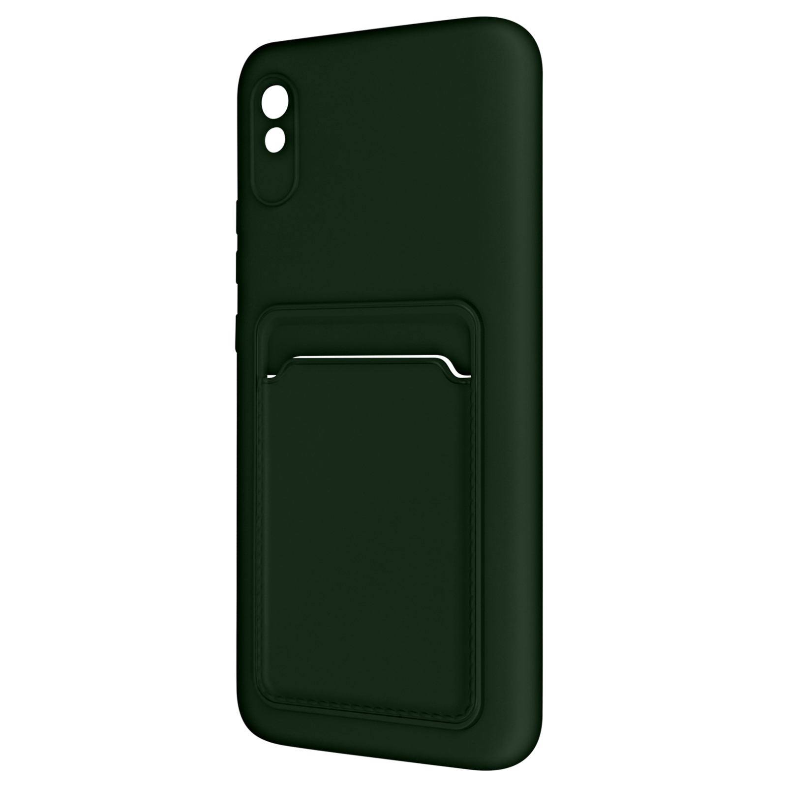 Una custodia per telefono verde scuro con un porta carte. La custodia ha un design semplice.
