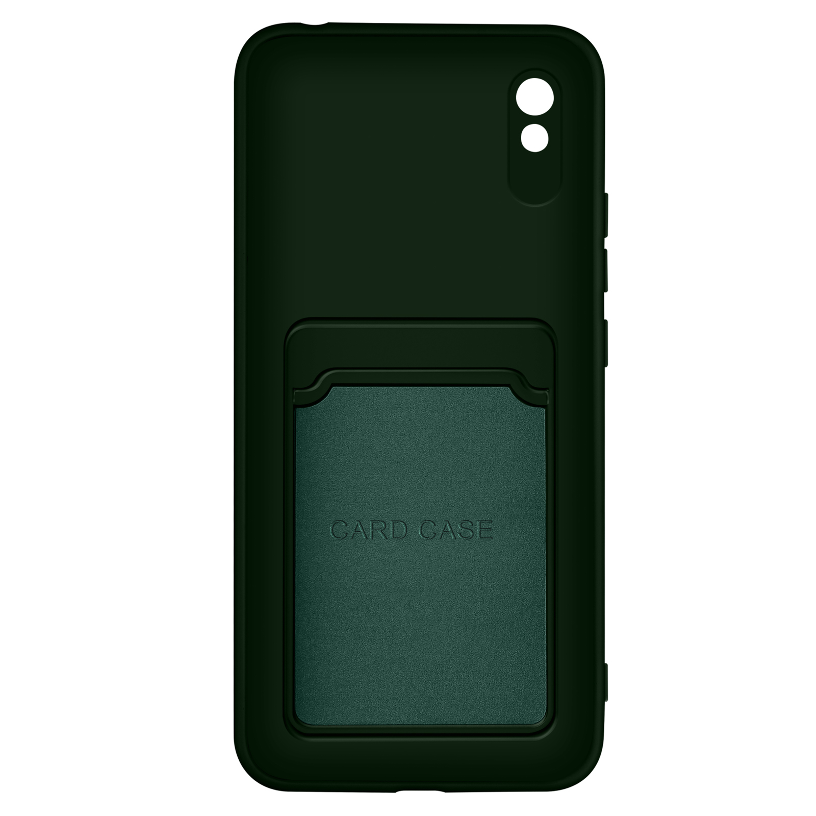 Custodia verde scuro con porta carte. Testo 'CARD CASE' visibile. Sfondo bianco.
