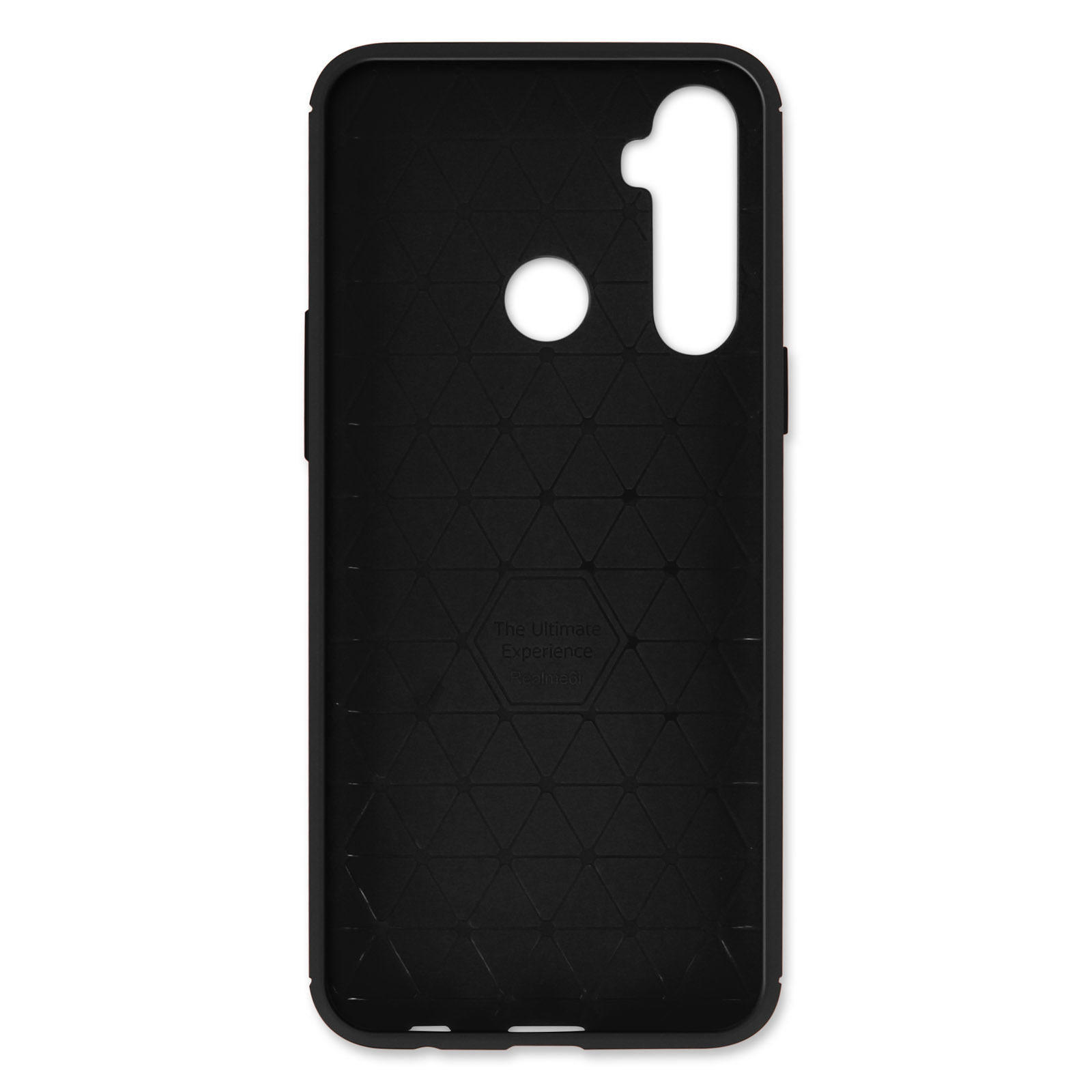 Interno della custodia del telefono nero. La custodia ha un motivo geometrico e un foro per la fotocamera.