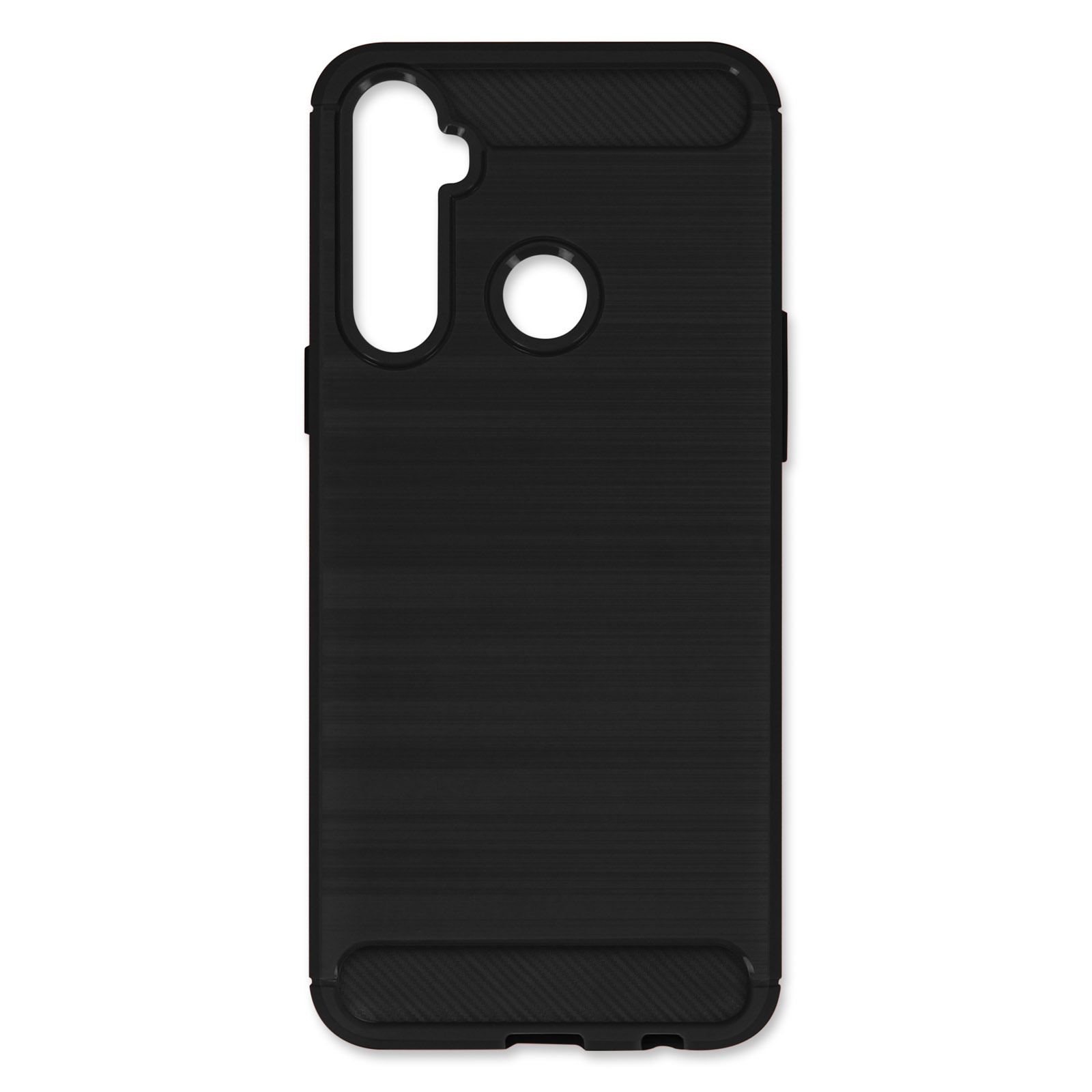 Custodia nera per telefono con superficie strutturata. Ha fori per fotocamera e pulsanti. La custodia è semplice.