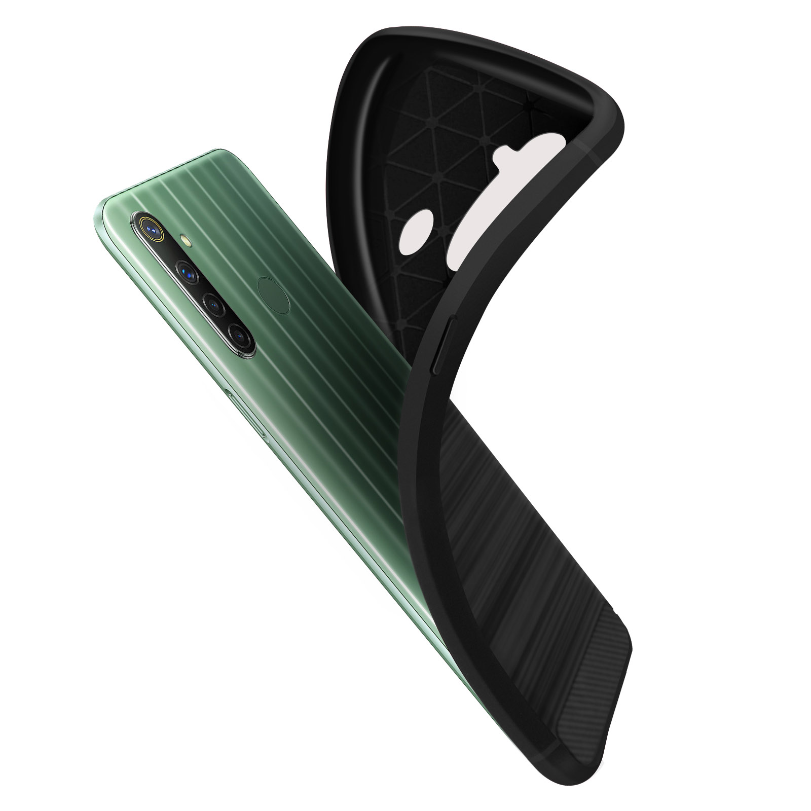 Custodia verde per telefono che si stacca, rivelando il retro del telefono. Interno nero.