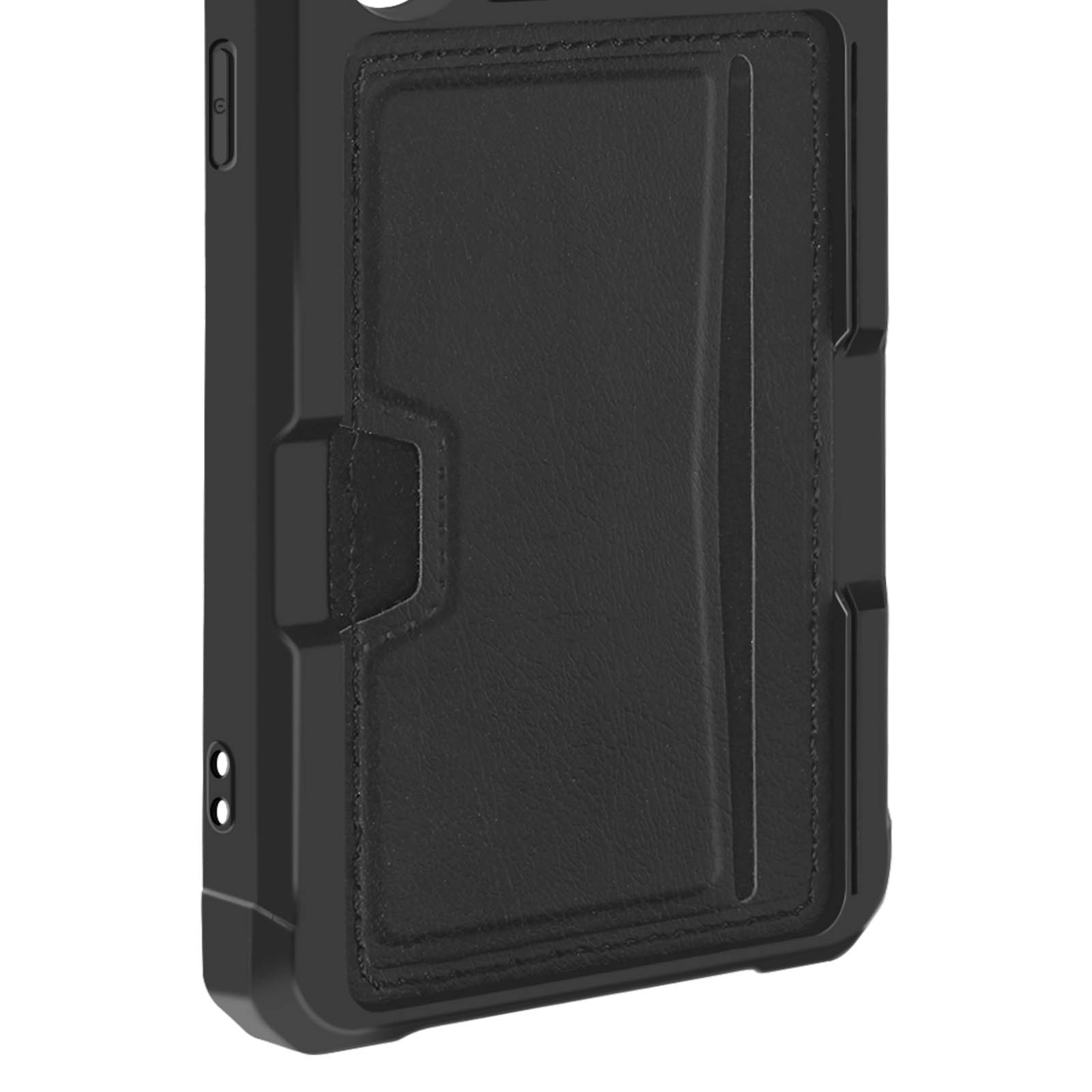 Primo piano di una custodia nera per telefono con porta carte. Lo sfondo è bianco.