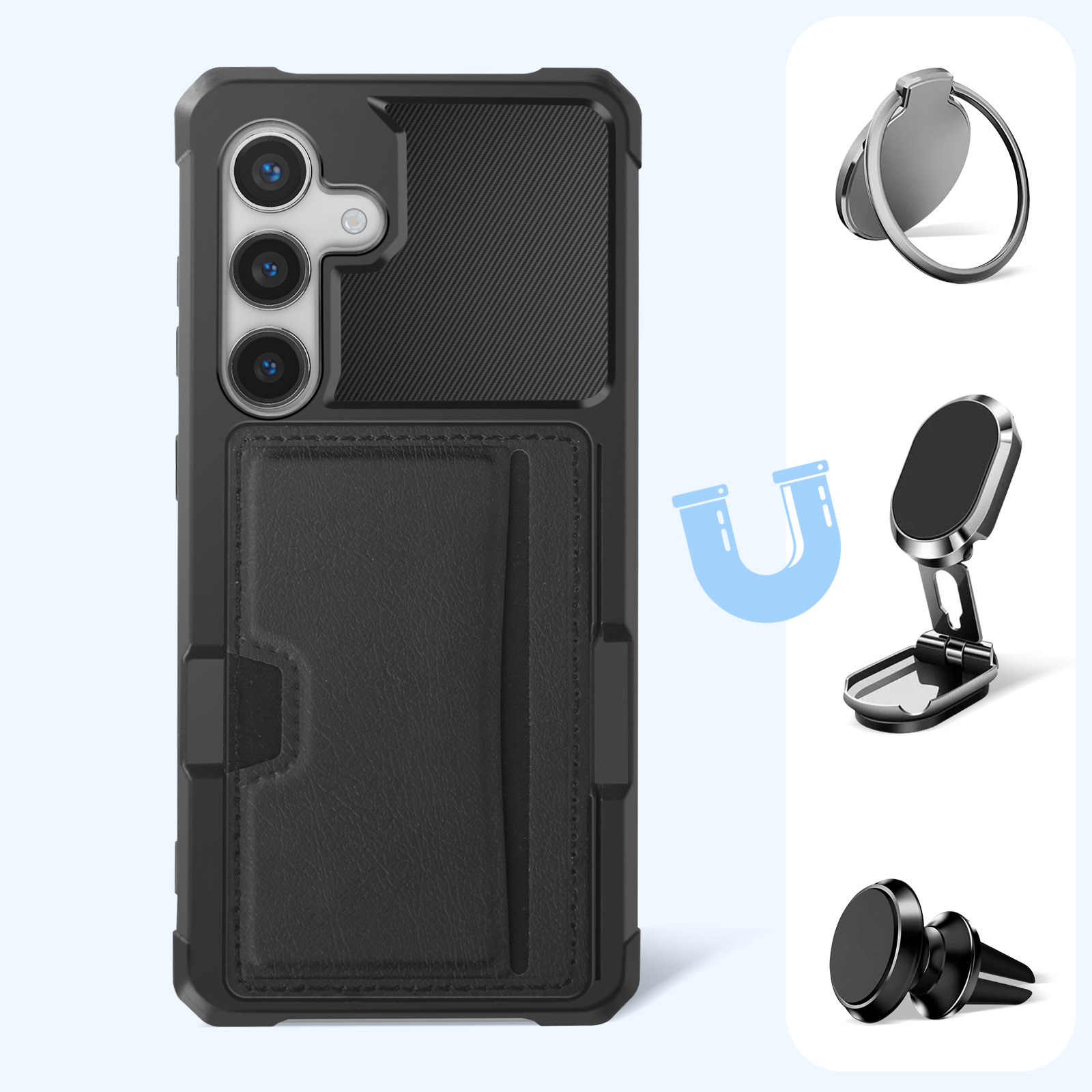 Custodia nera per telefono con porta carte, supporto ad anello e altri accessori. È presente una grafica con magnete blu.