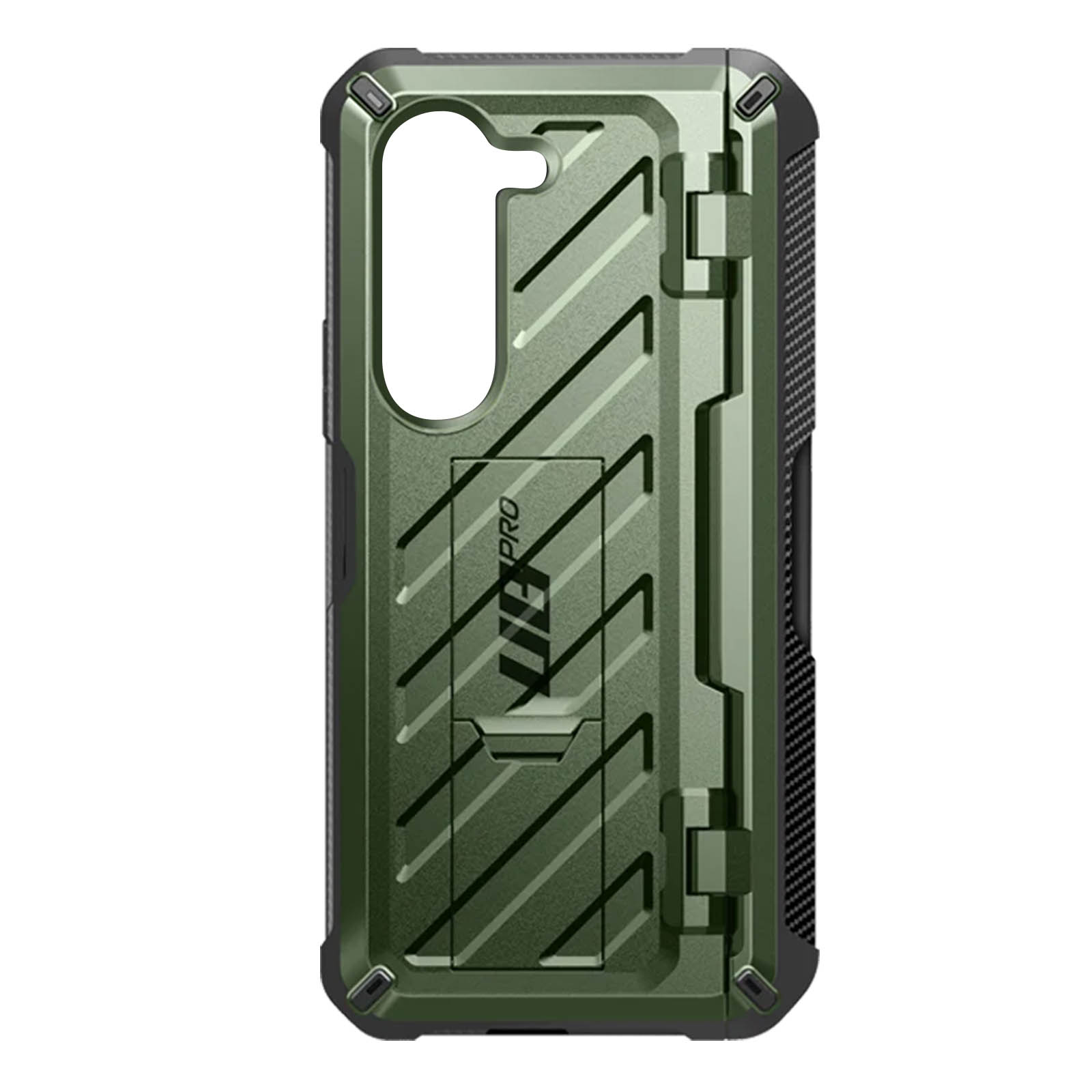 Custodia verde con supporto. Design robusto. Schema colori nero e verde.