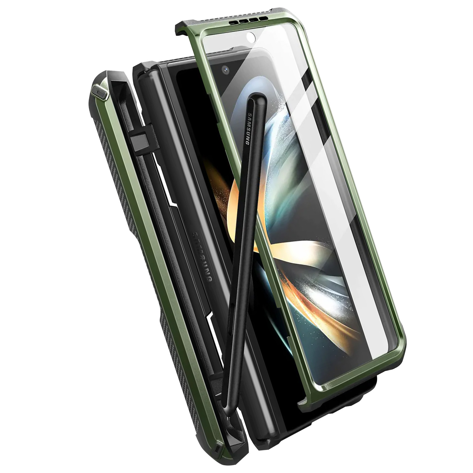 Custodia verde per telefono con protezione schermo e penna.