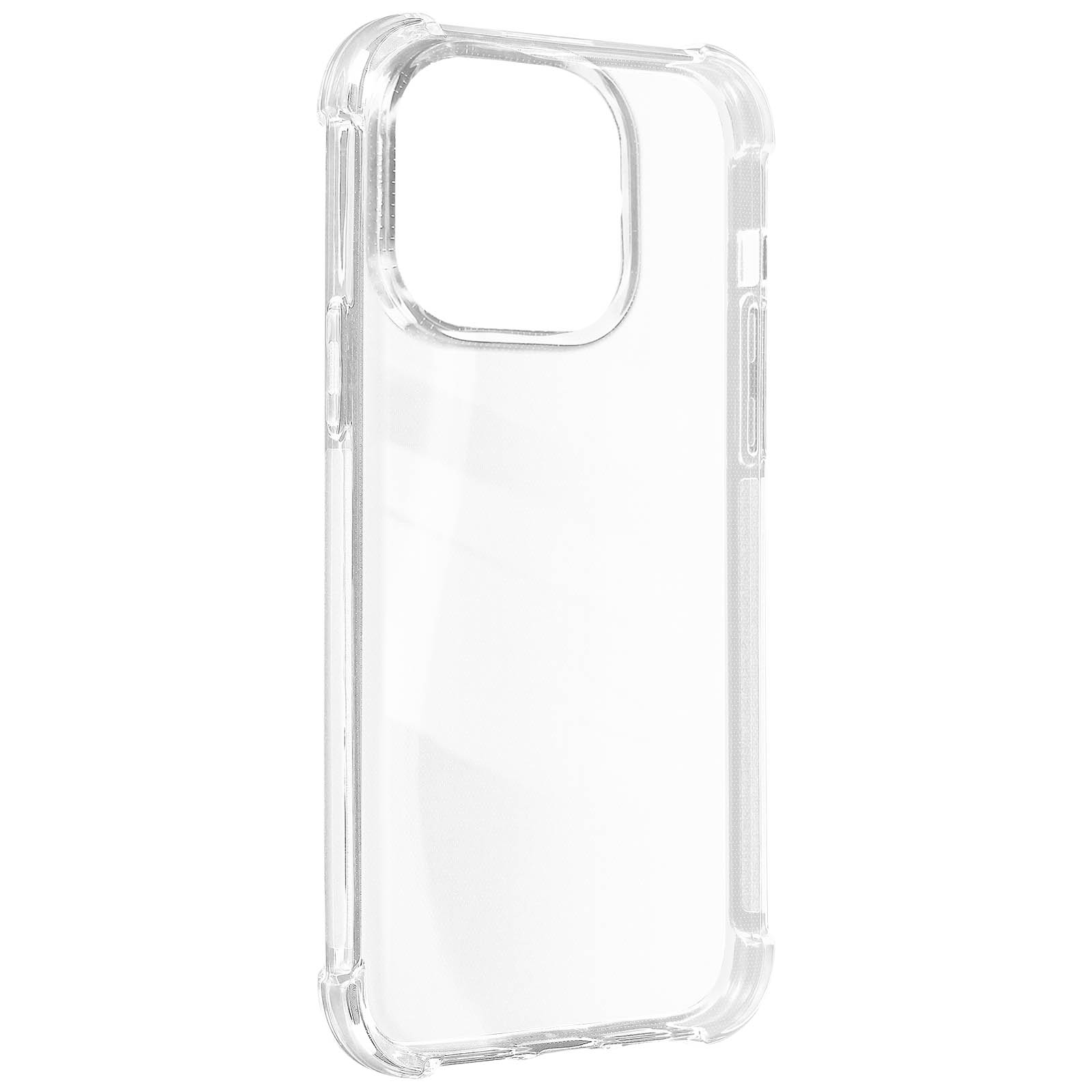 Custodia trasparente per telefono. La custodia ha fori per la fotocamera ed è trasparente. Sfondo bianco.