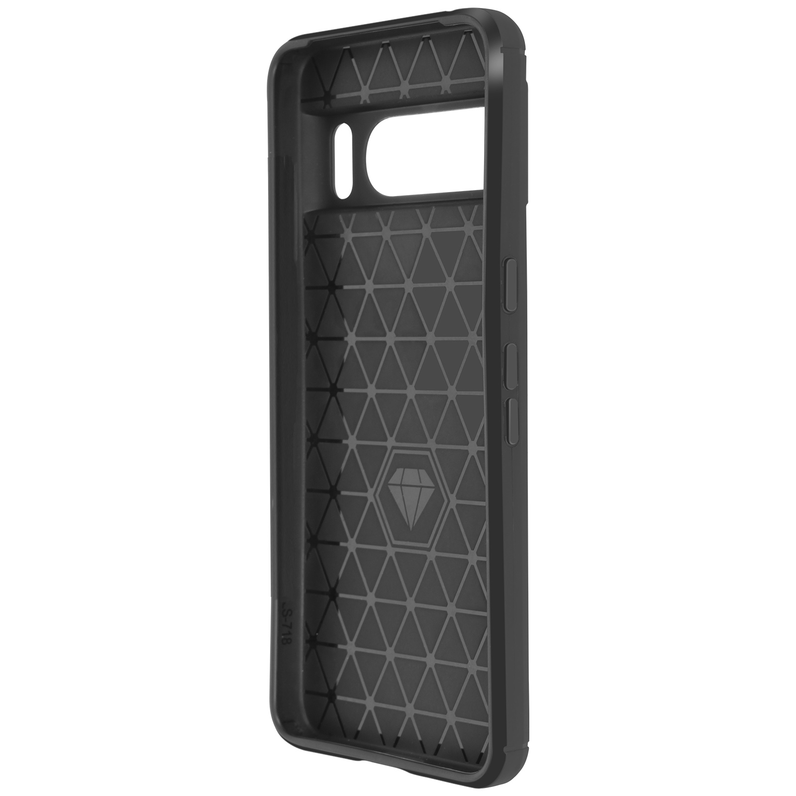 Custodia nera per telefono con interno geometrico. Vista laterale, pulsanti visibili. Grigio scuro.