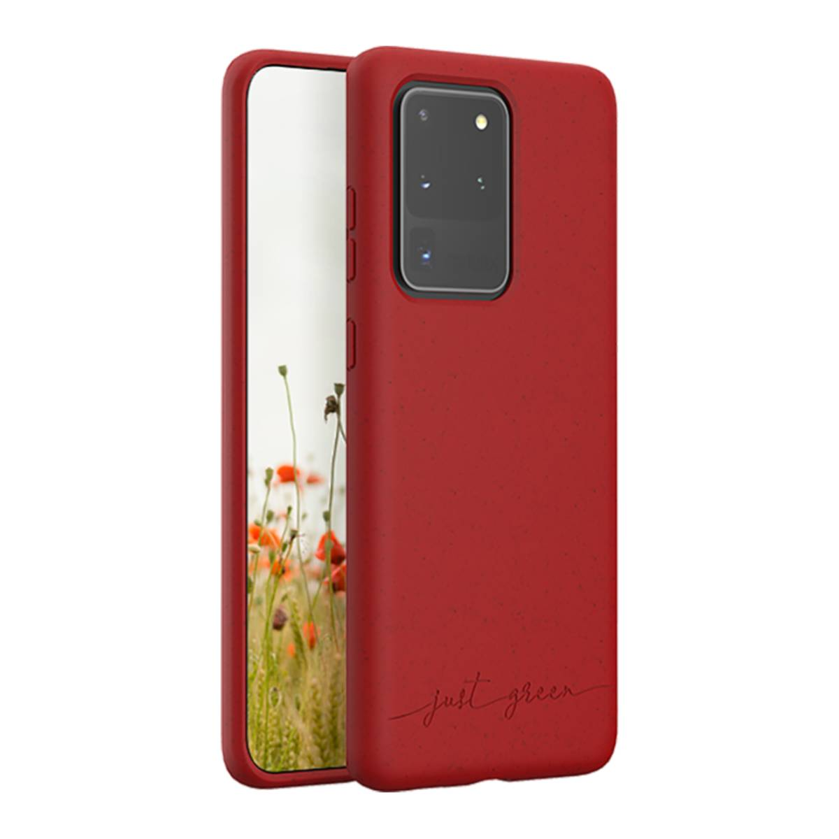 Custodia rossa con telefono dentro. Just green scritto sulla custodia.