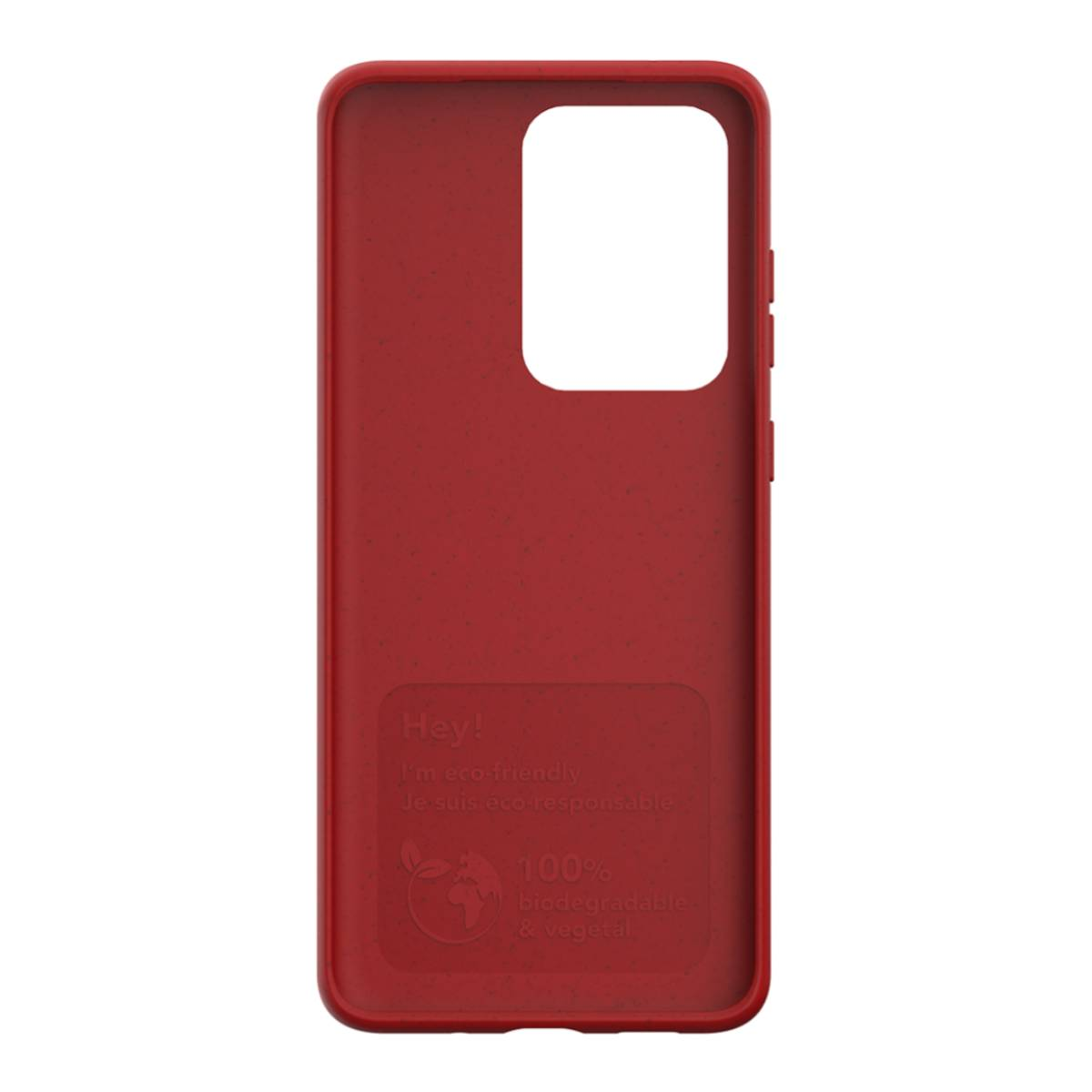 Custodia rossa per telefono, con ritaglio per fotocamera e testo. Dice: 'Hey! Sono ecologico'.