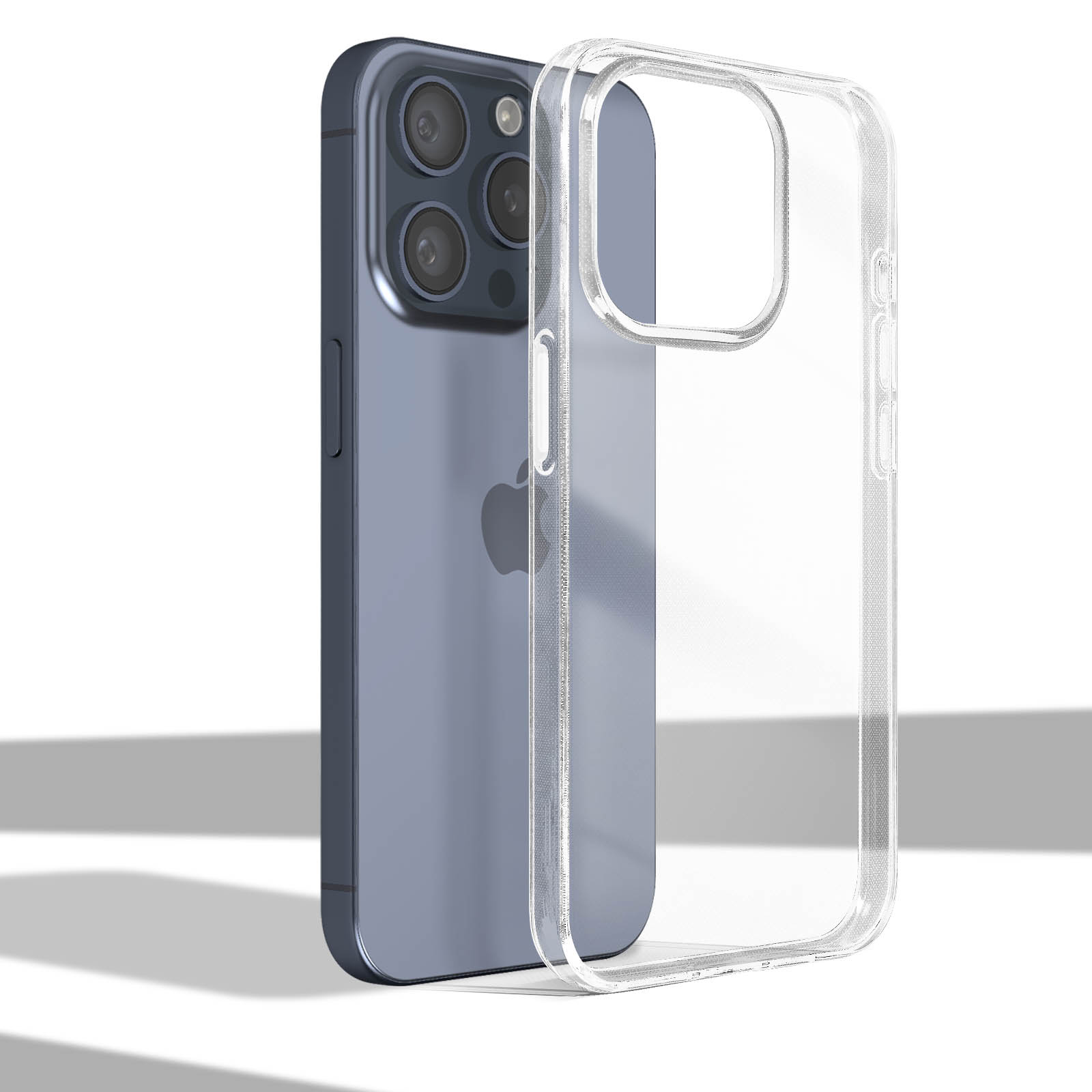 Un telefono e una custodia trasparente. Il telefono ha un retro blu e una custodia trasparente a destra. Sfondo bianco.