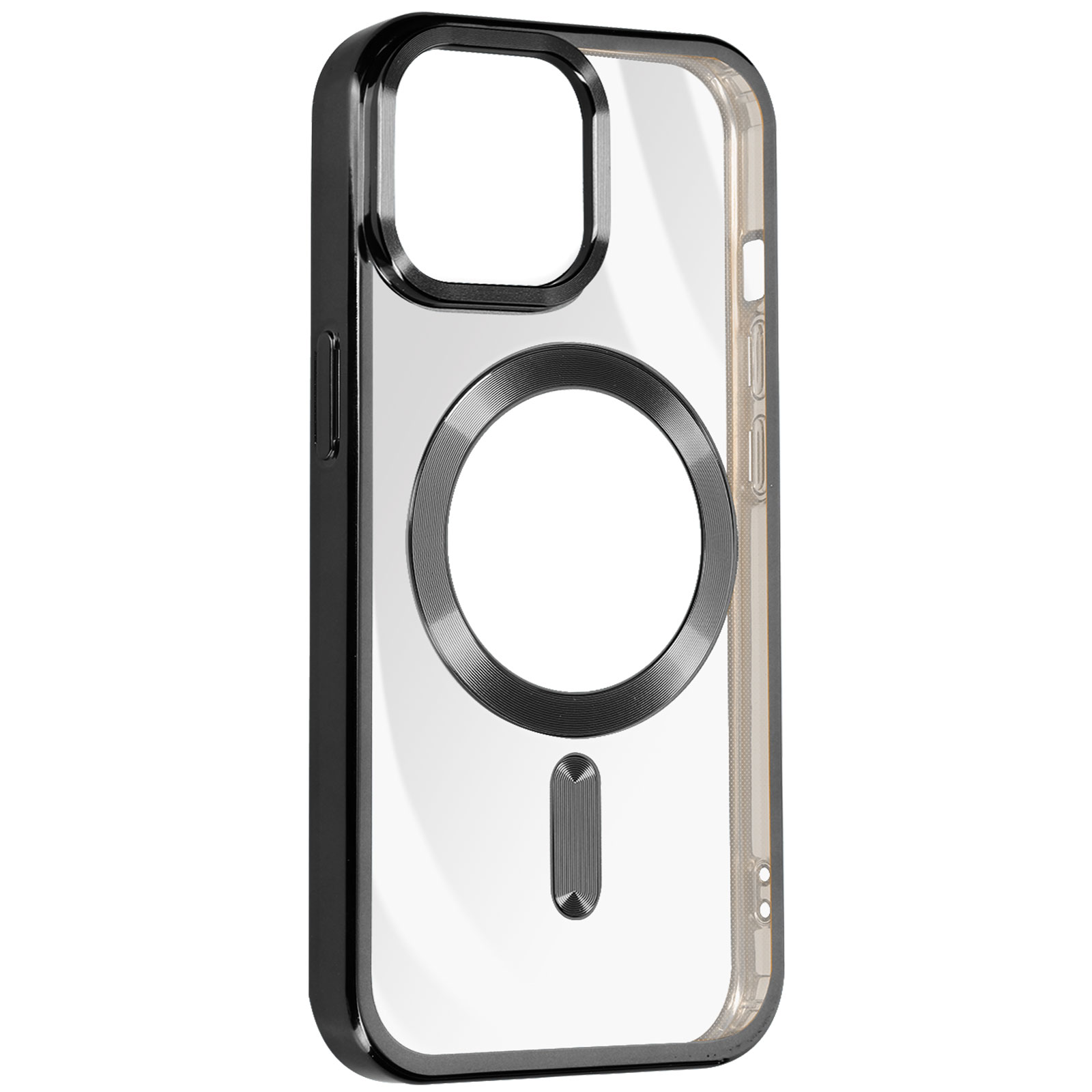 Custodia nera con un cerchio trasparente al centro. Ha un anello magnetico.