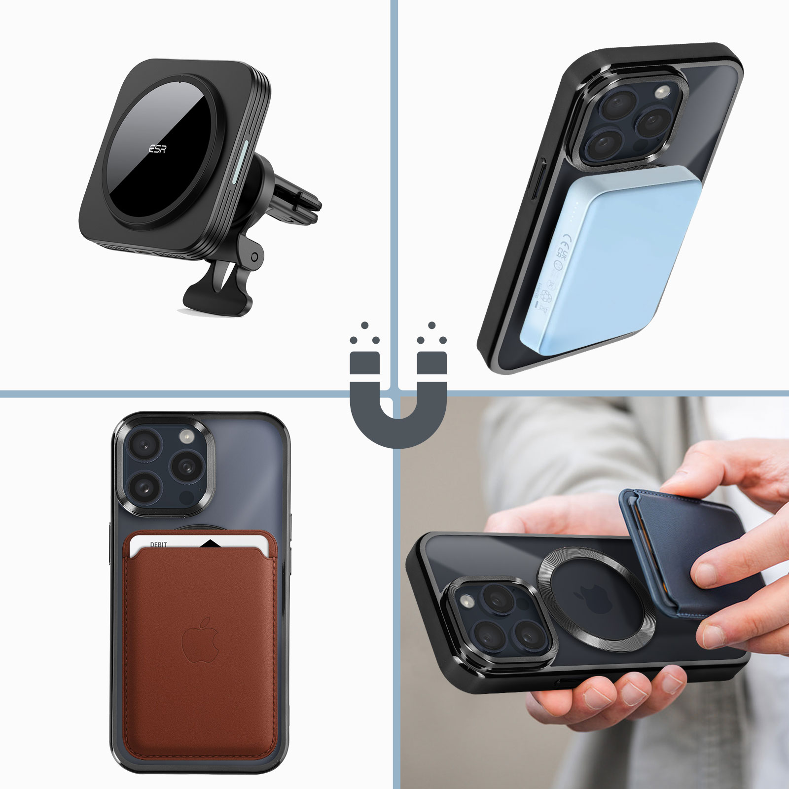 Quattro immagini di accessori per telefoni. Supporto per auto, custodia con porta carte, custodia con pad di ricarica e una custodia per telefono.