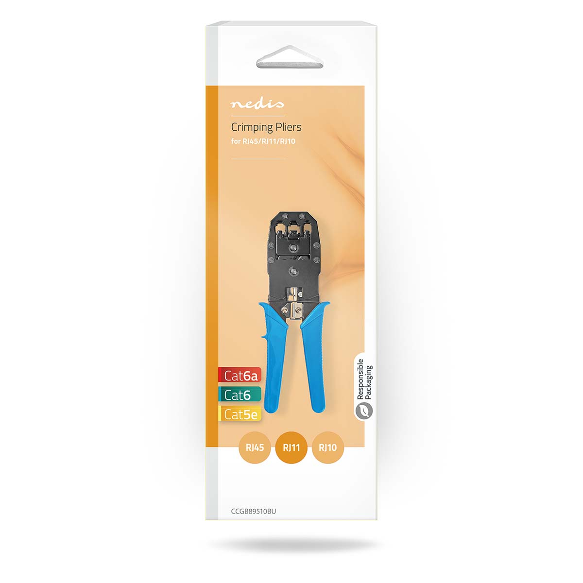 Krimptang in een verpakking, met blauwe handvatten en labels voor RJ45, RJ11 en RJ10.