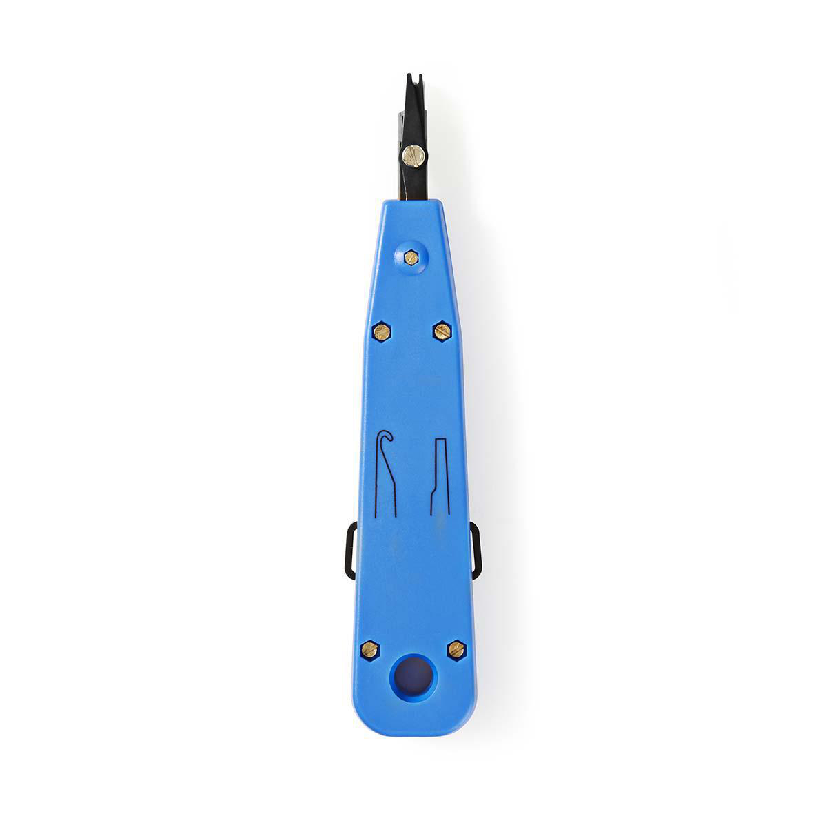 Blaues Auflegewerkzeug. Schwarzer Kopf und Griff. Zwei Symbole auf dem Werkzeug. Weißer Hintergrund.