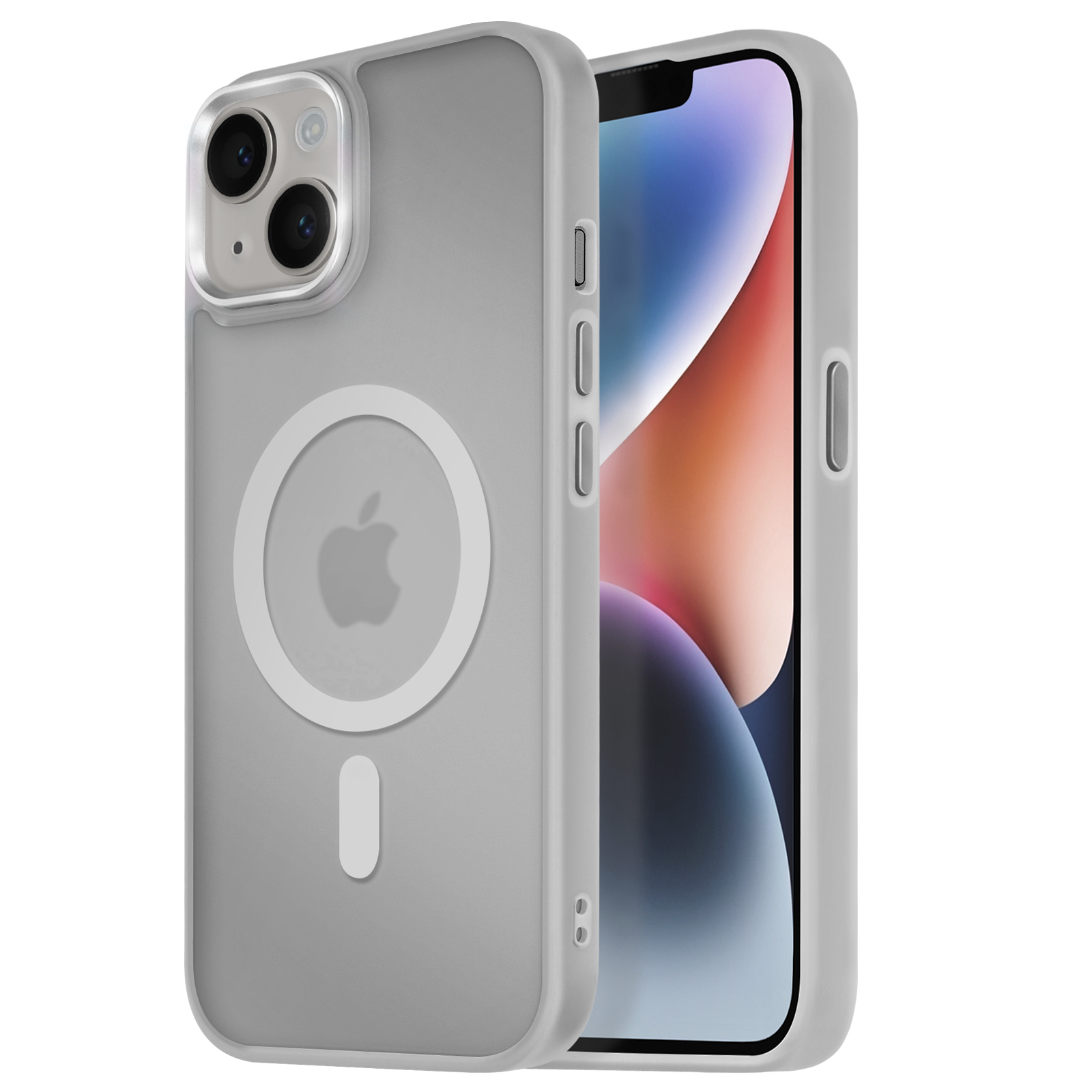 Custodia grigia per telefono con cerchio bianco e logo Apple. Il telefono è all'interno. La custodia ha un contorno trasparente.