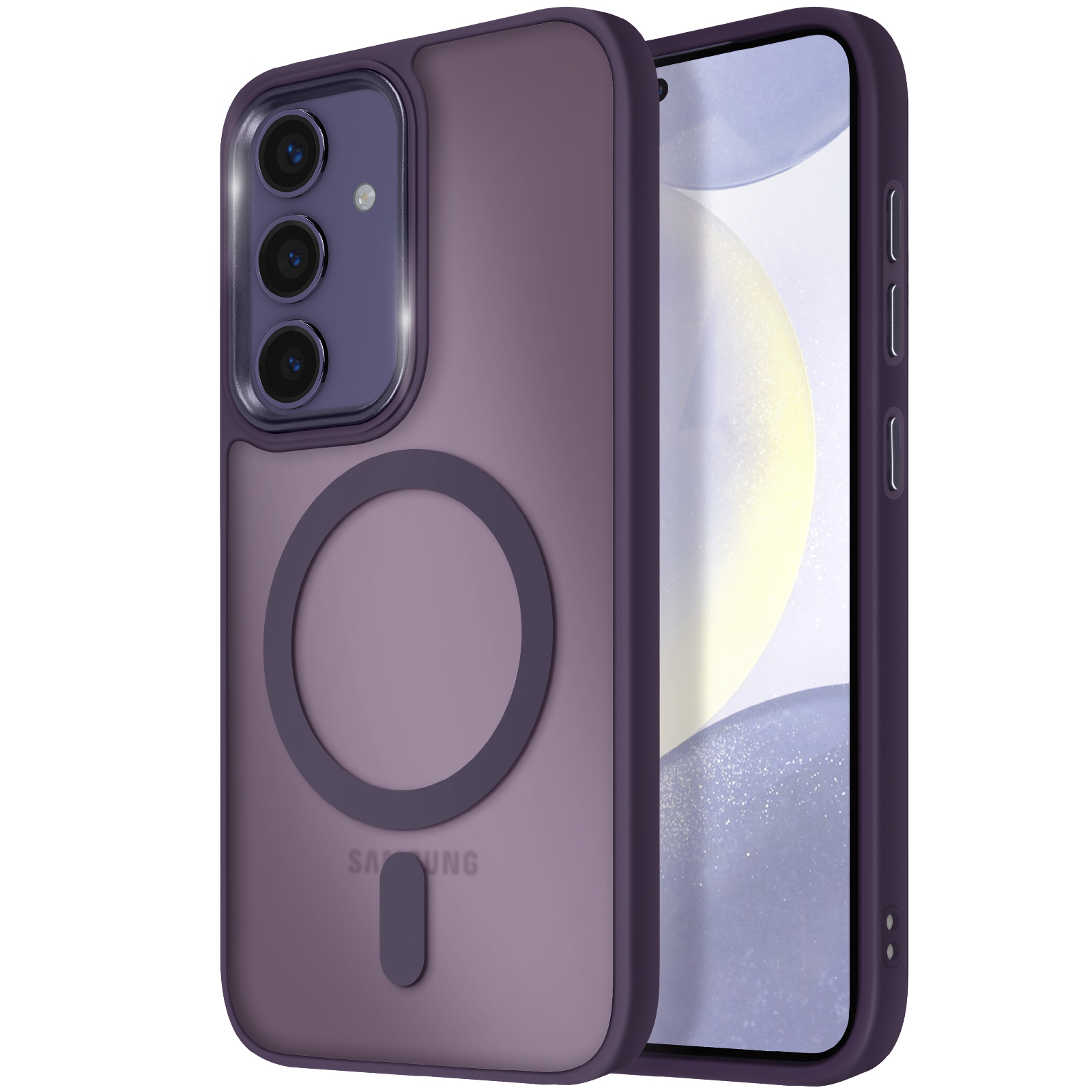 Custodia per telefono viola su un telefono, con un grande ritaglio circolare per un attacco magnetico. Il telefono è visibile.