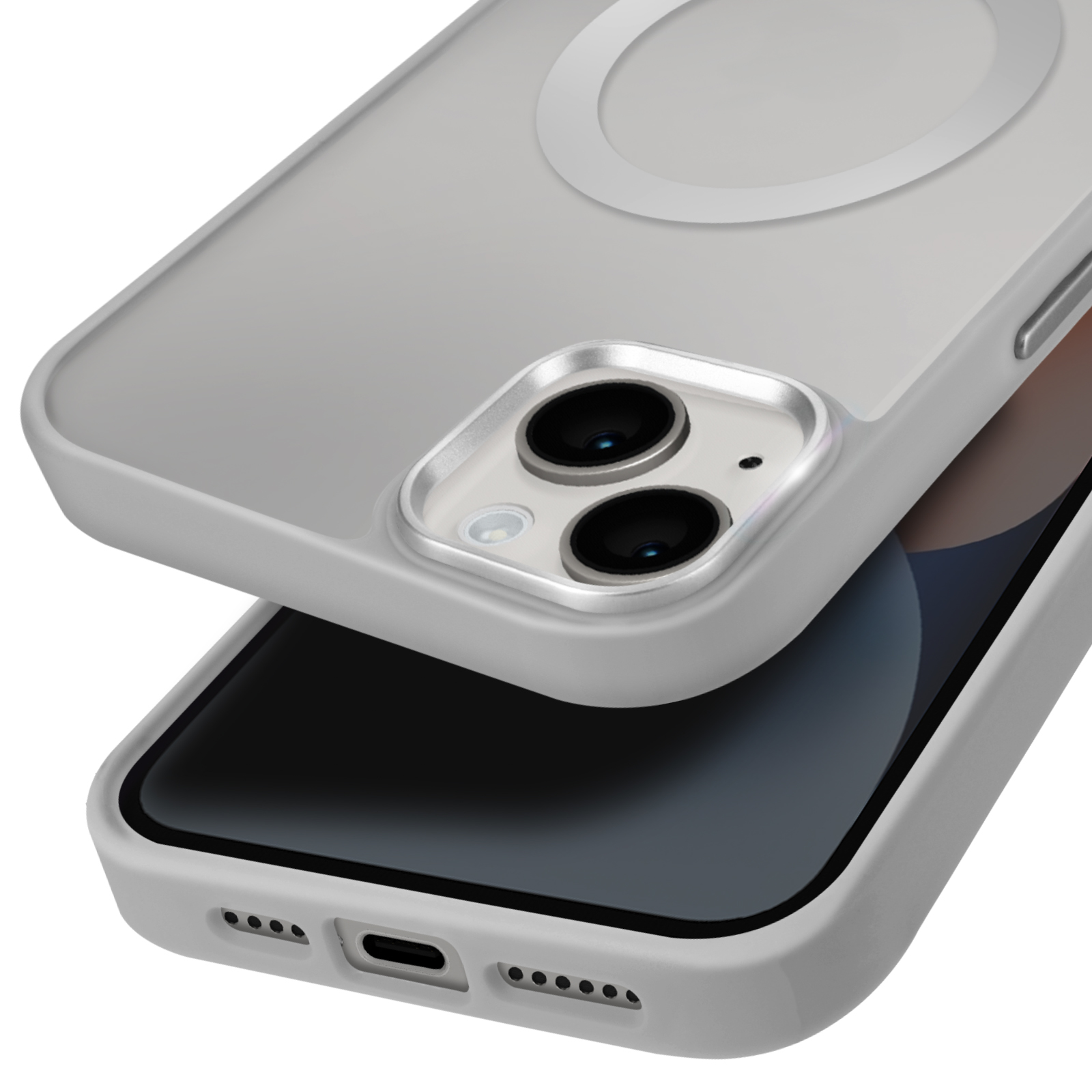 Custodia trasparente per telefono, che copre parzialmente un telefono. È visibile un anello bianco.