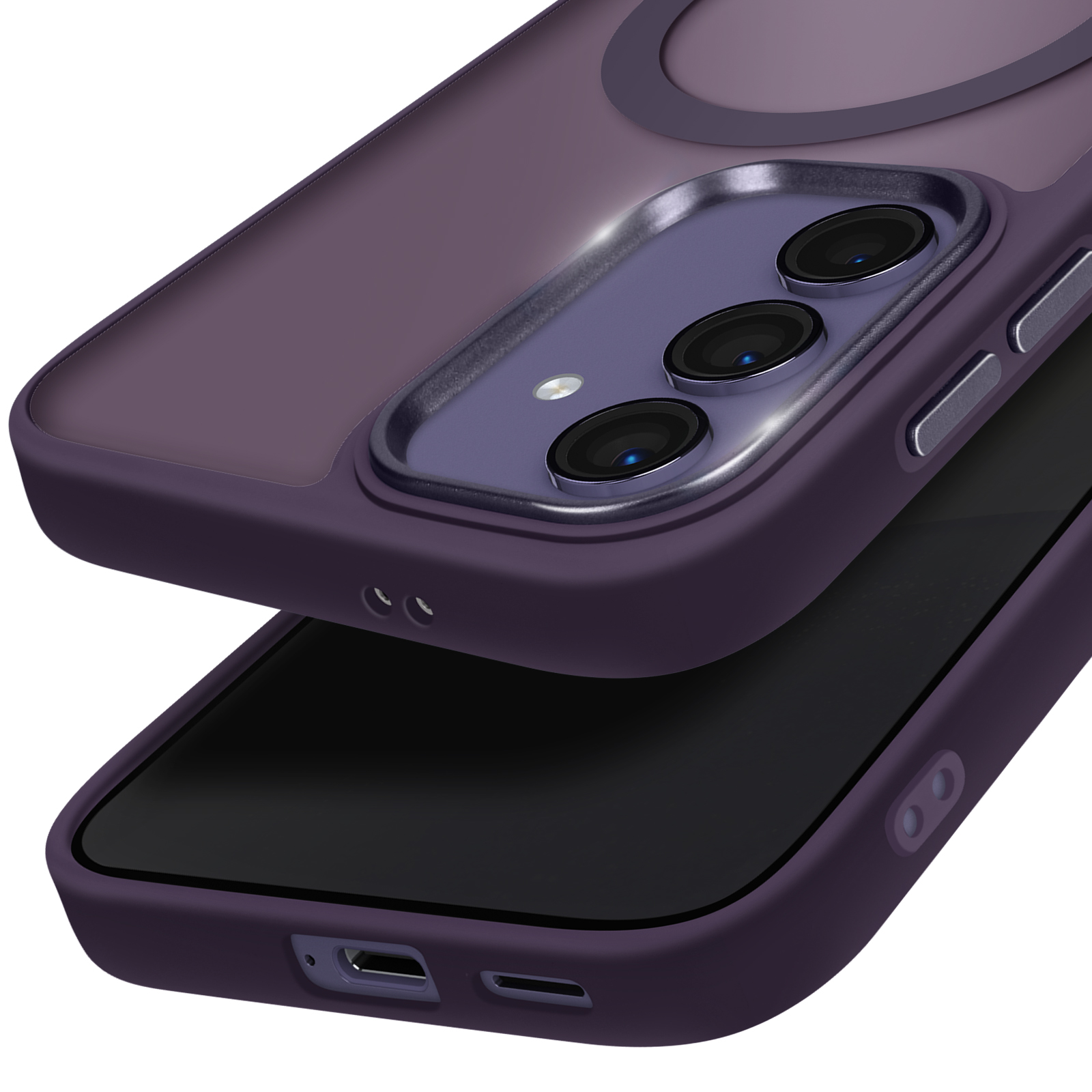 Un telefono viola con una custodia. La custodia è viola e ha un anello magnetico.
