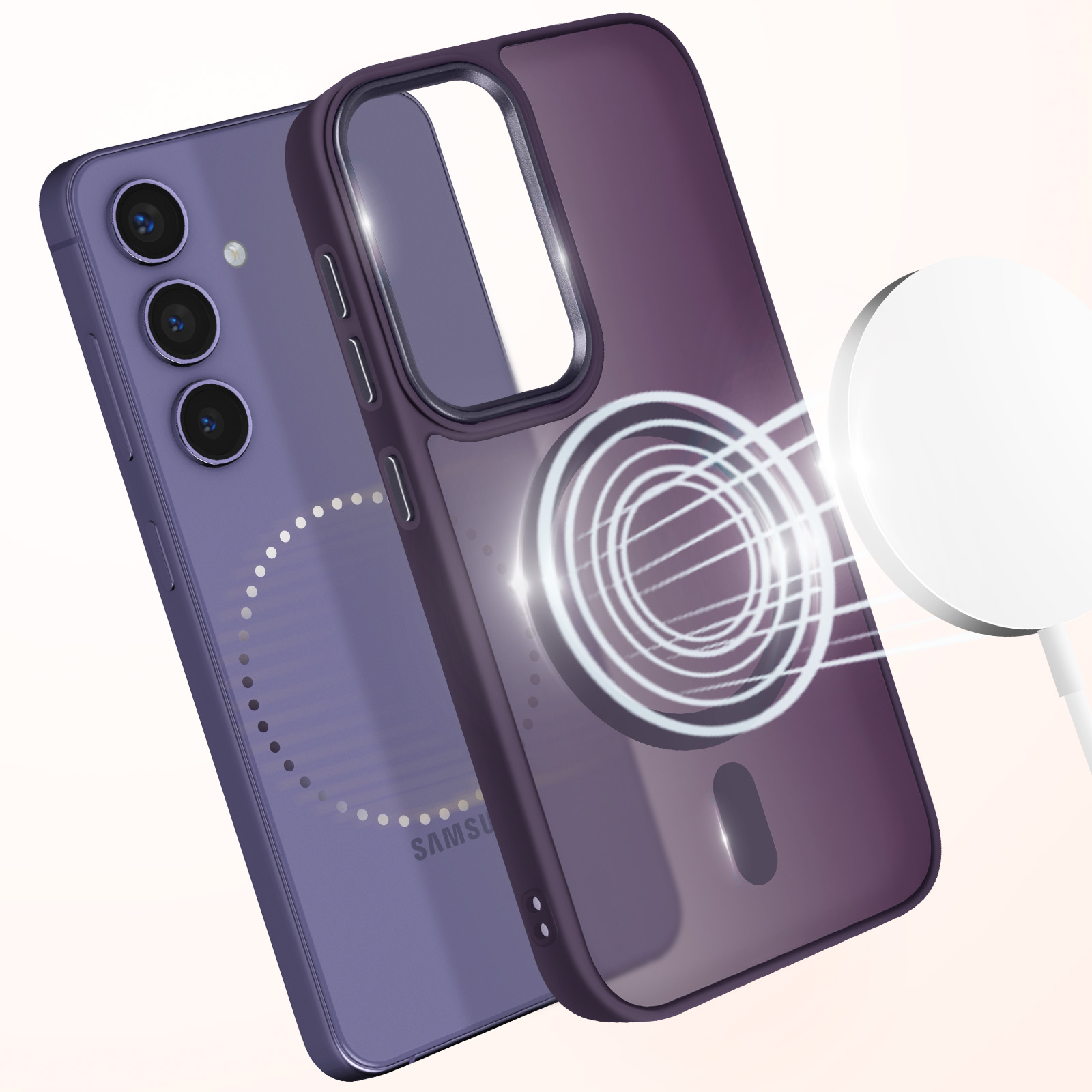 Una custodia per telefono viola con telefono e caricatore magnetico.