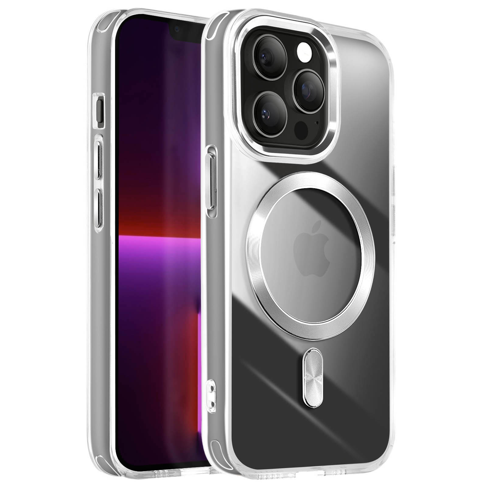 Custodia trasparente per telefono con fori per fotocamera e anello magnetico, con logo Apple.