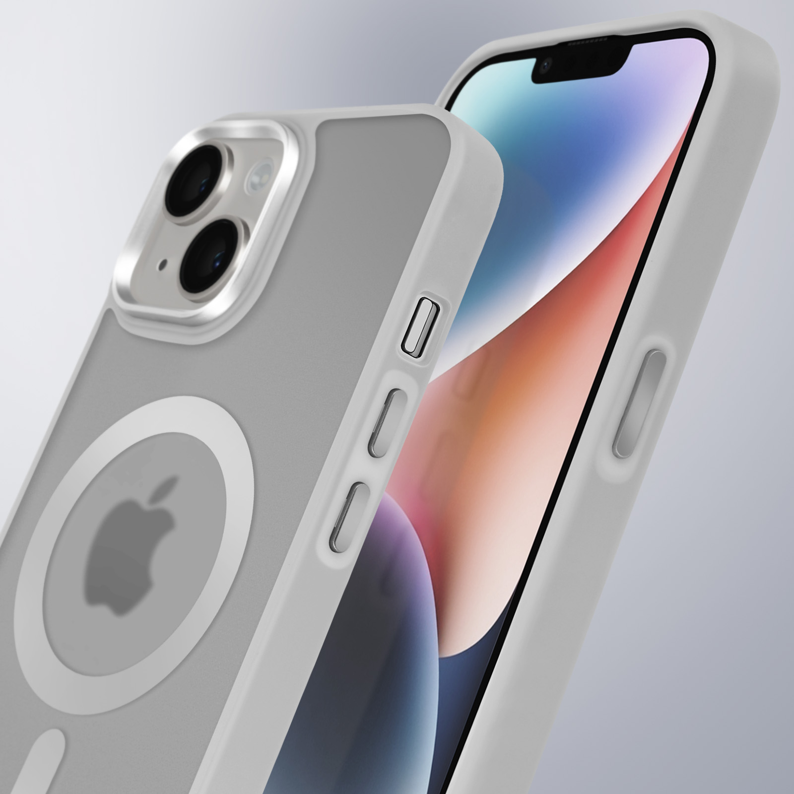 Primo piano di una custodia grigia e un telefono. Il logo Apple è visibile sul retro della custodia.
