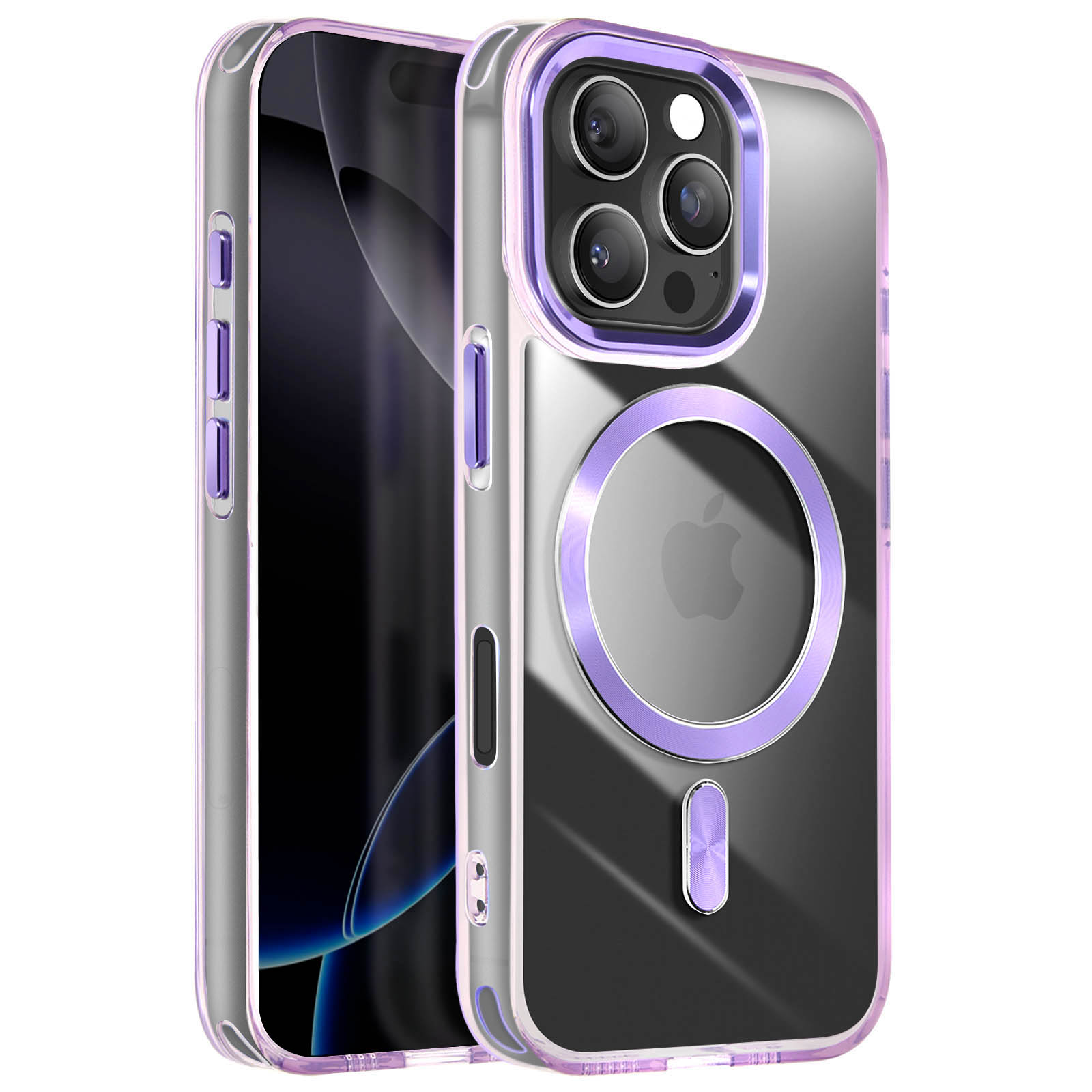 Custodia trasparente con dettagli viola. Mostra il telefono con lenti della fotocamera.