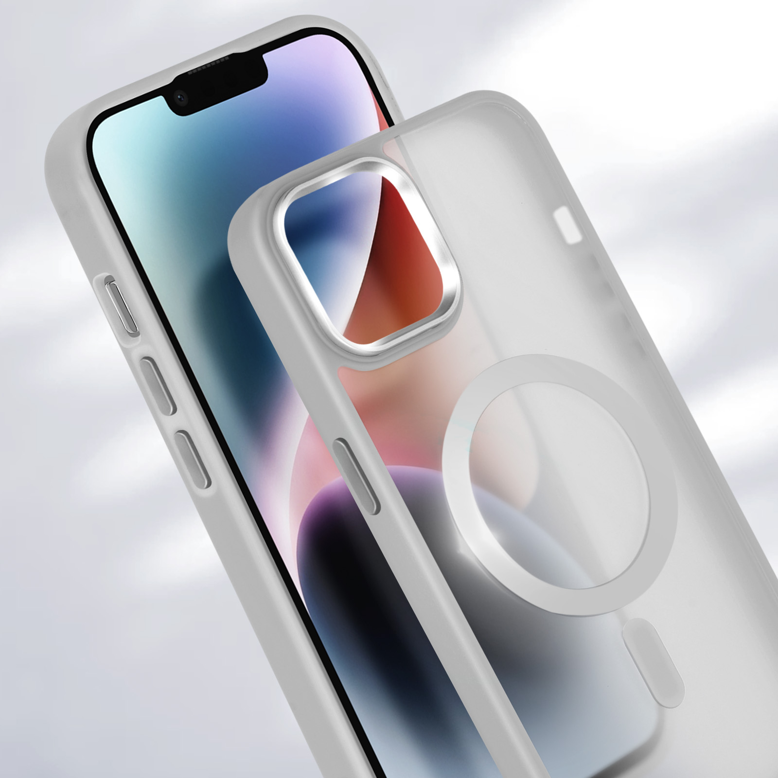 Una custodia trasparente per telefono su un telefono, il telefono ha uno sfondo viola chiaro.