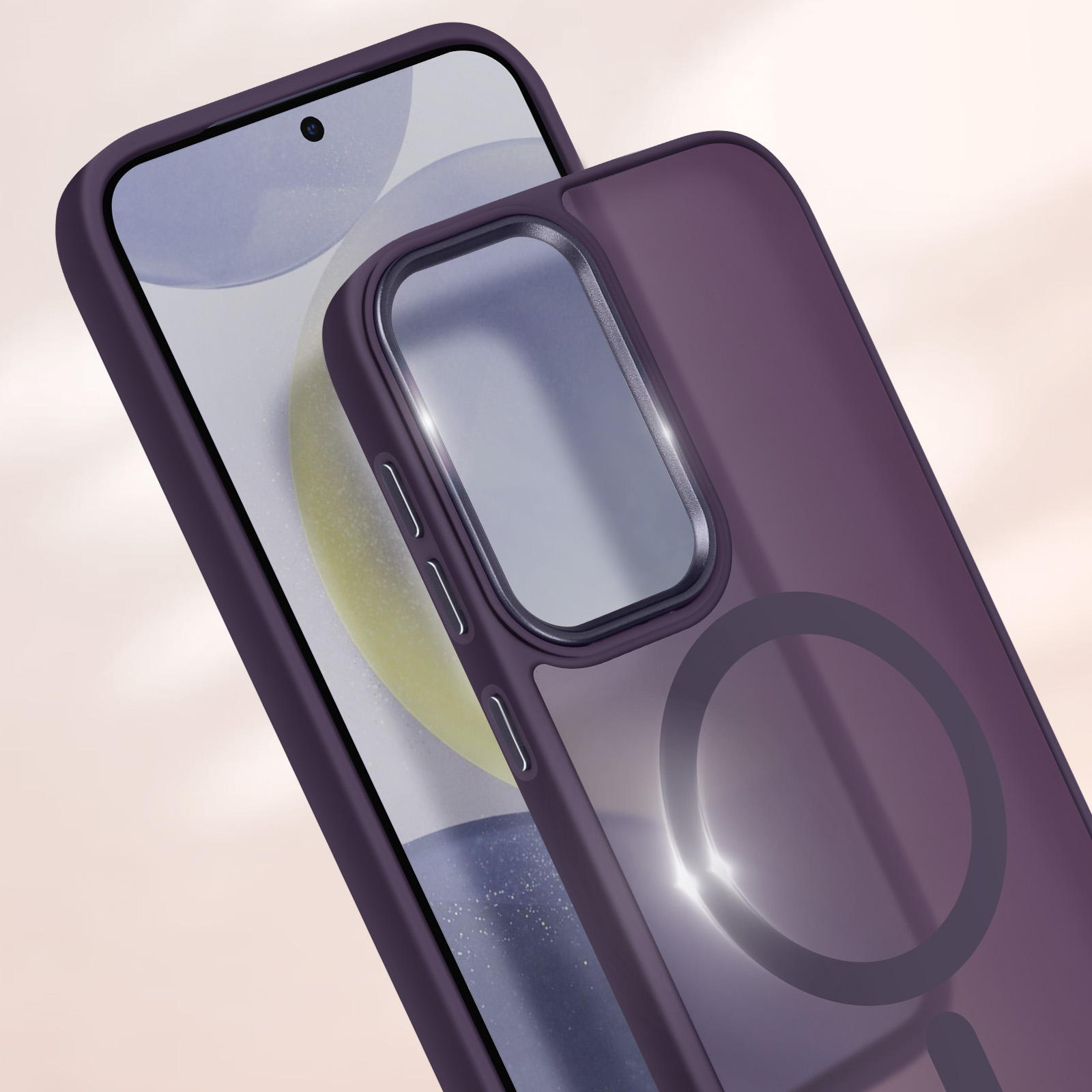Custodia viola per telefono, primo piano.