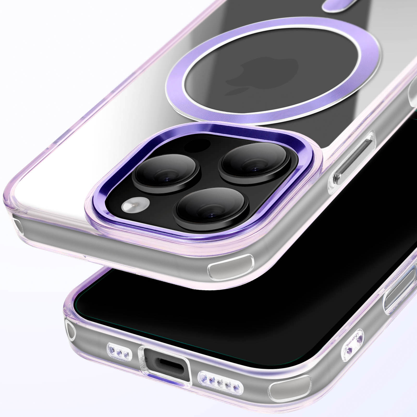 Custodia trasparente per telefono con dettagli viola. Telefono all'interno. Custodia trasparente con anello viola. Design trasparente ed elegante.