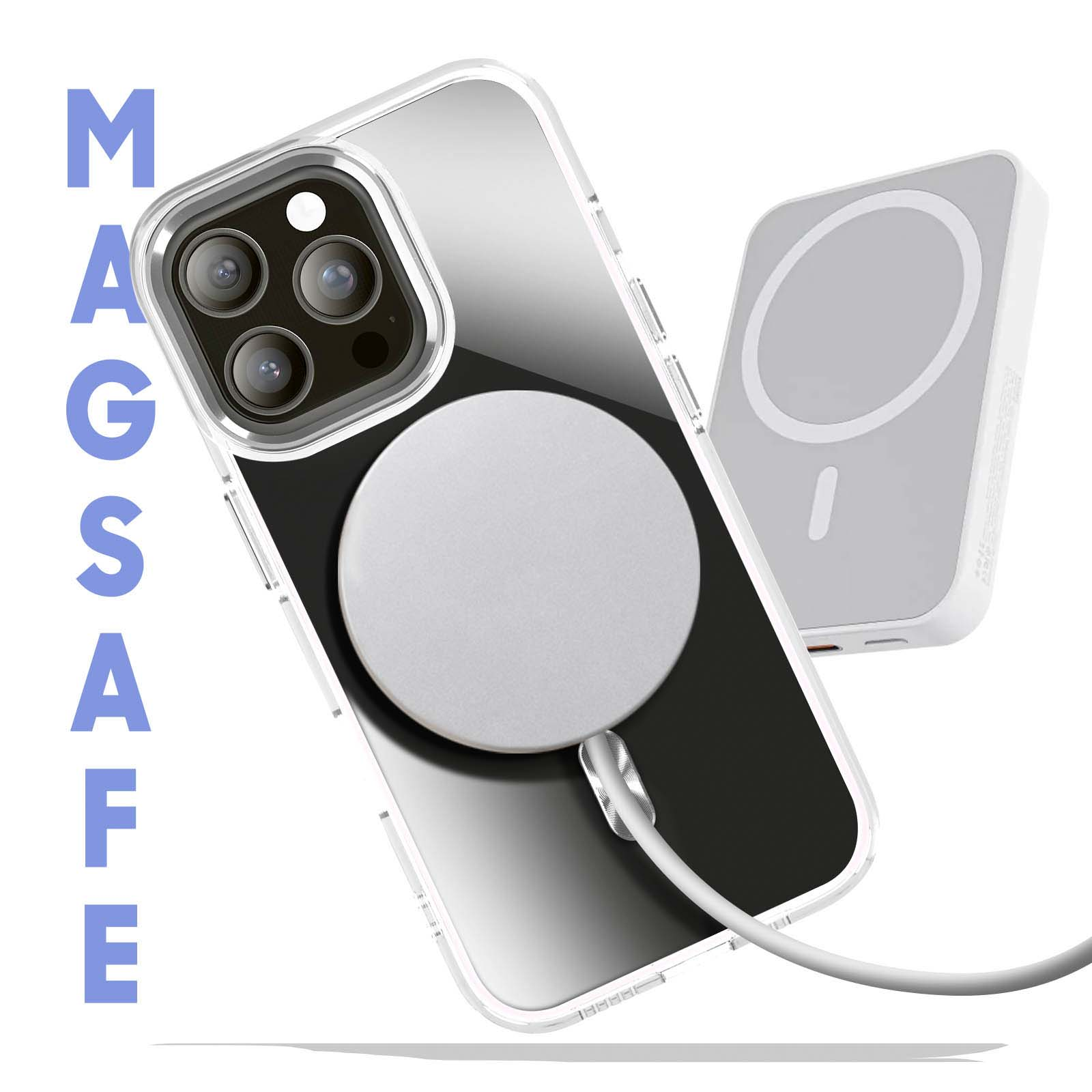 Una custodia trasparente con un caricatore MagSafe bianco attaccato, con la parola MAGSAFE verticalmente a sinistra.