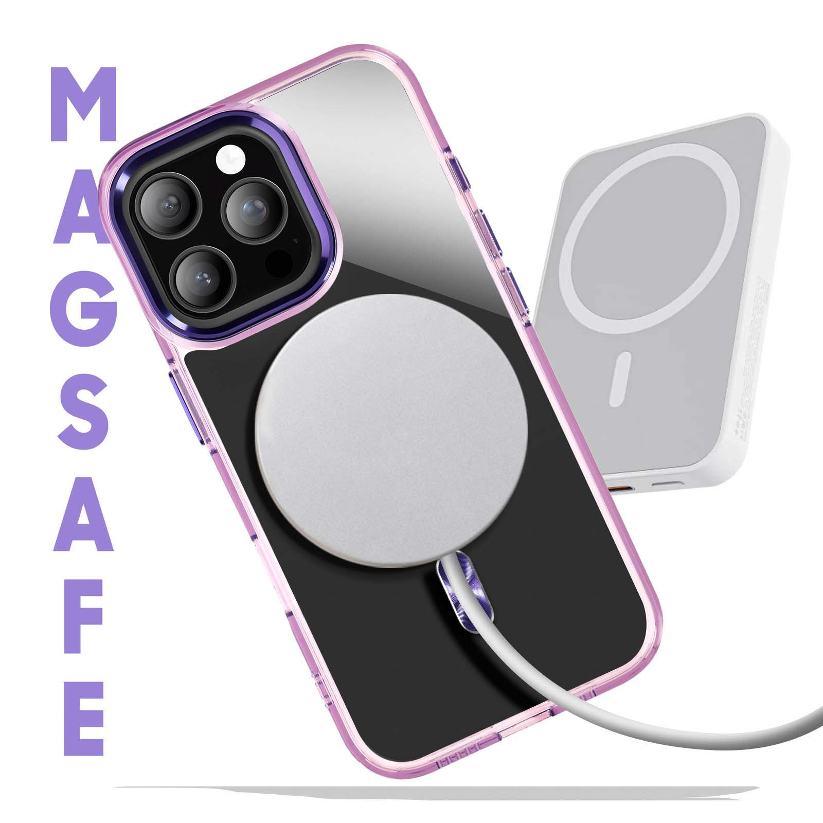 Telefono con custodia trasparente e caricatore magsafe. La custodia è rosa e viola.