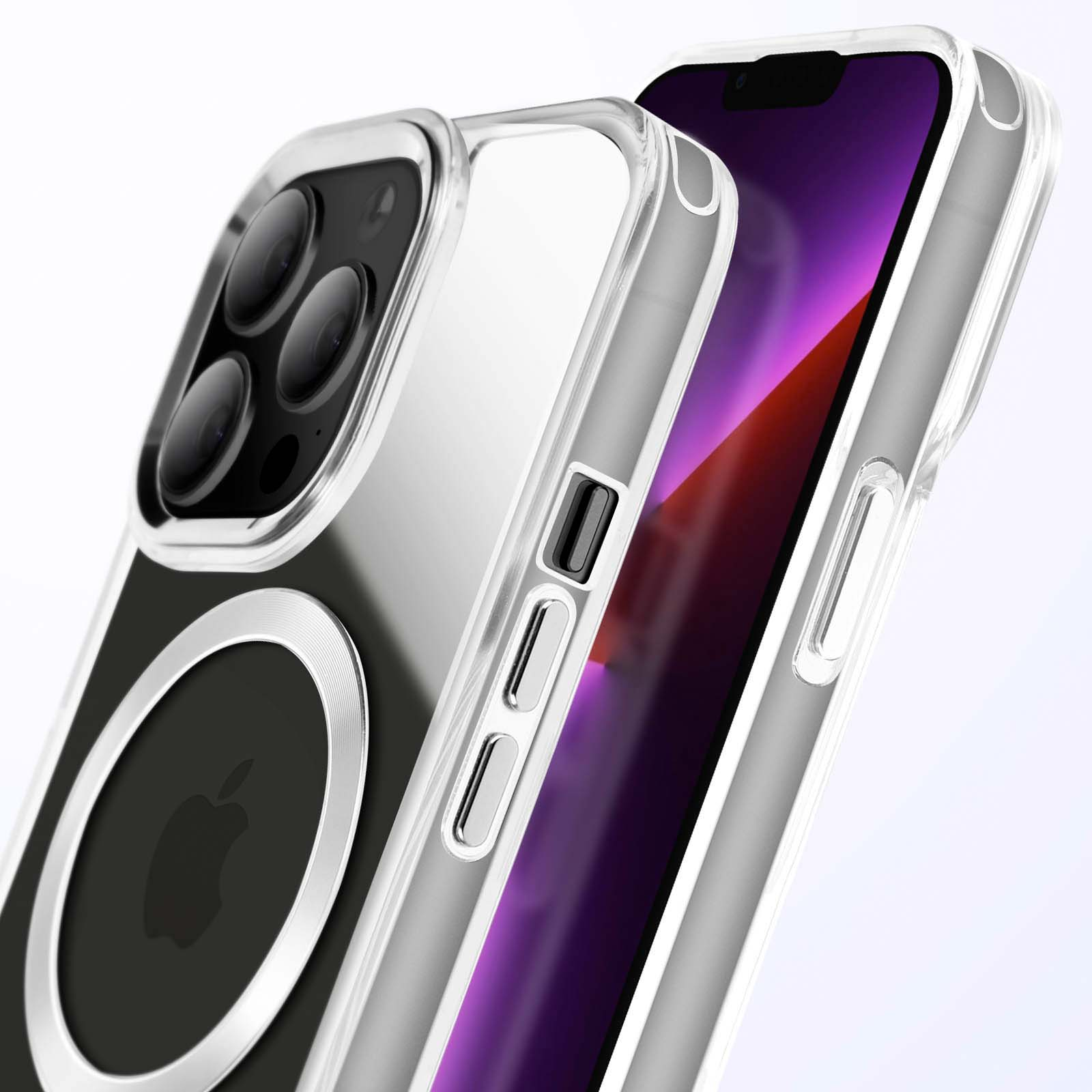 Custodia trasparente per telefono con dettagli argentati. Telefono all'interno. Custodia trasparente con anello argentato. Logo Apple visibile. Design elegante.