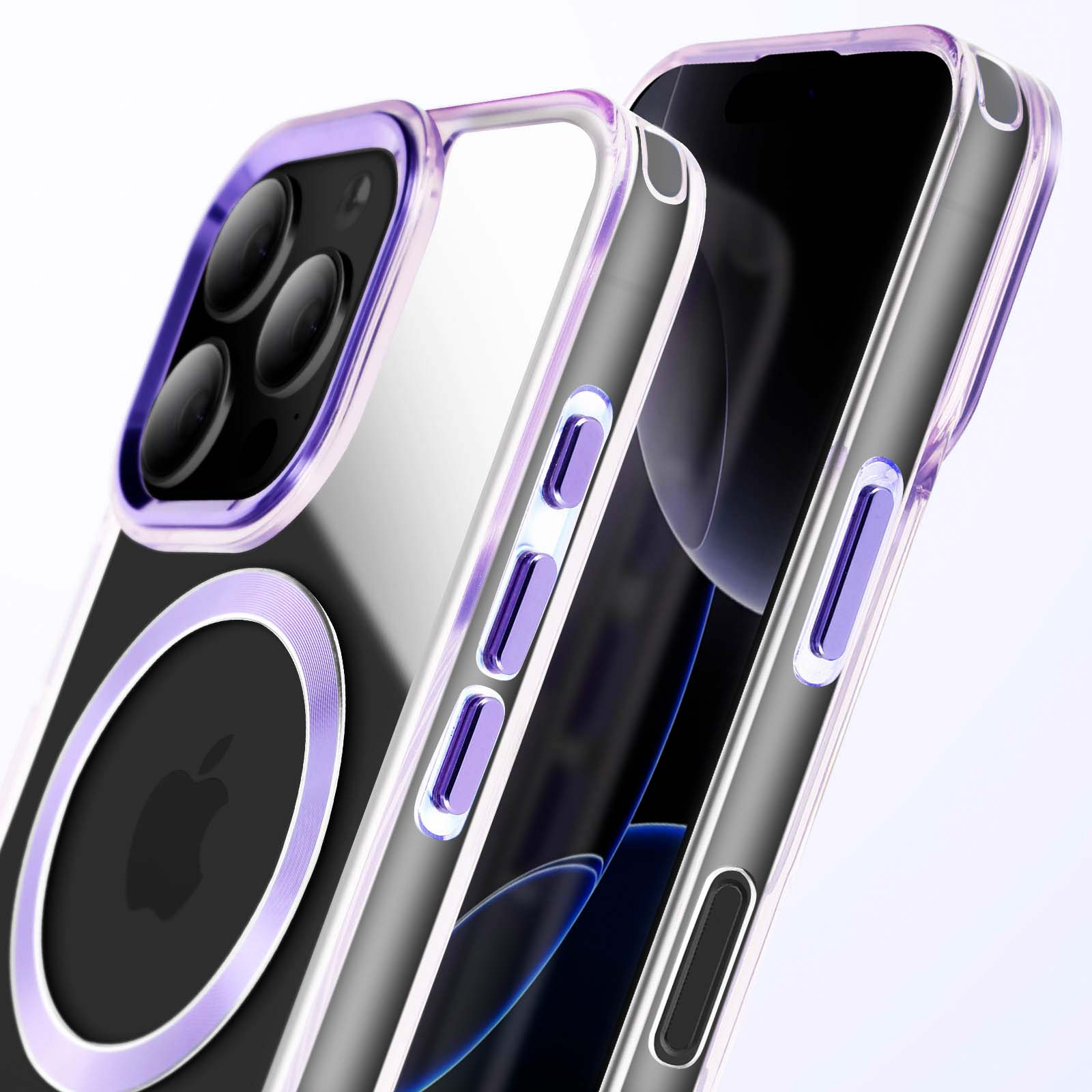 Custodia per telefono con bordo viola e logo Apple. Il telefono è nella custodia.