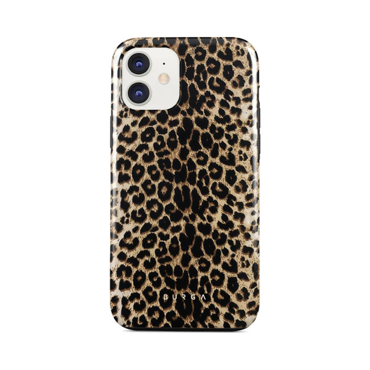 Una custodia per telefono con stampa leopardata con il logo BURGA.