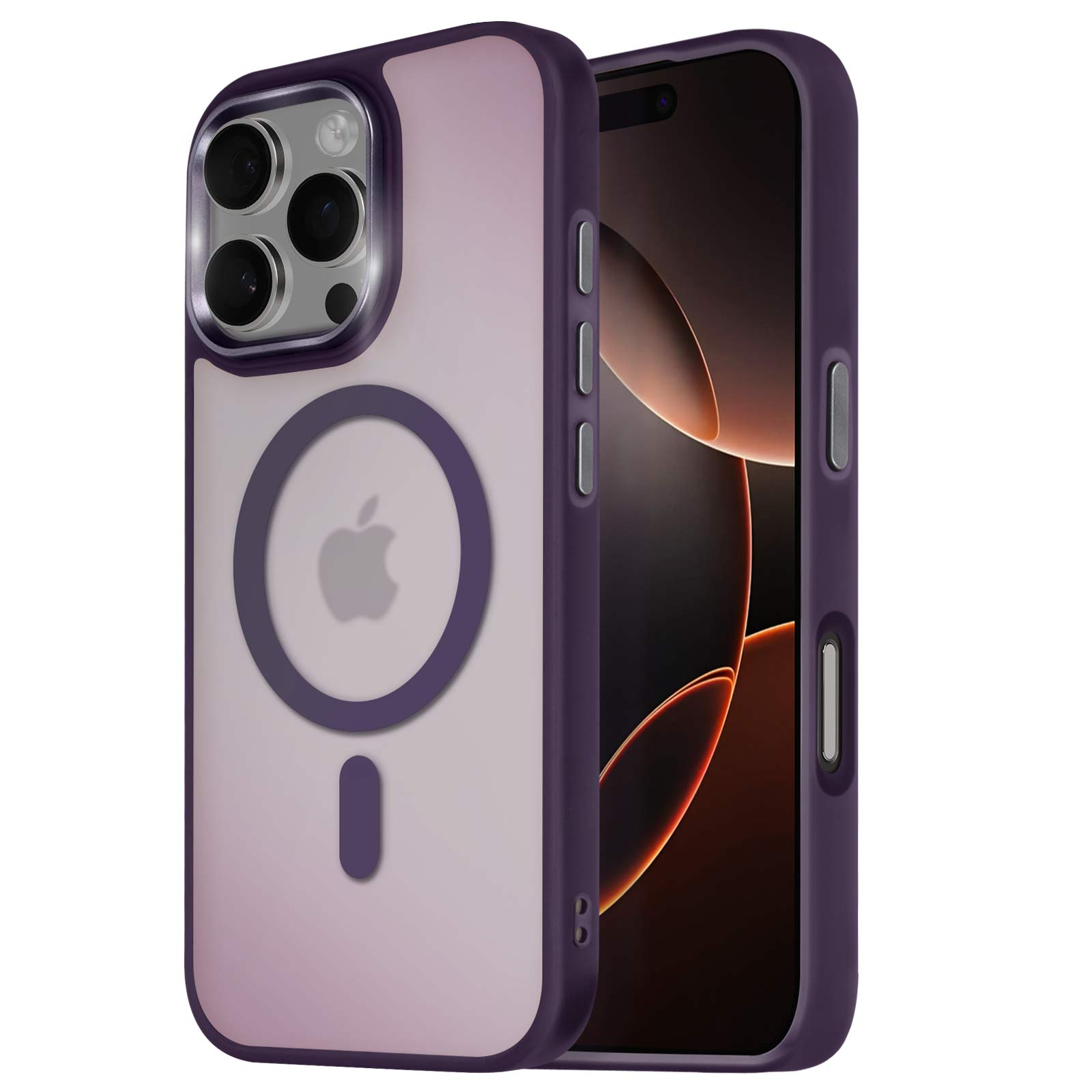 Telefono con custodia. La custodia è viola con retro trasparente, logo Apple e fotocamera.