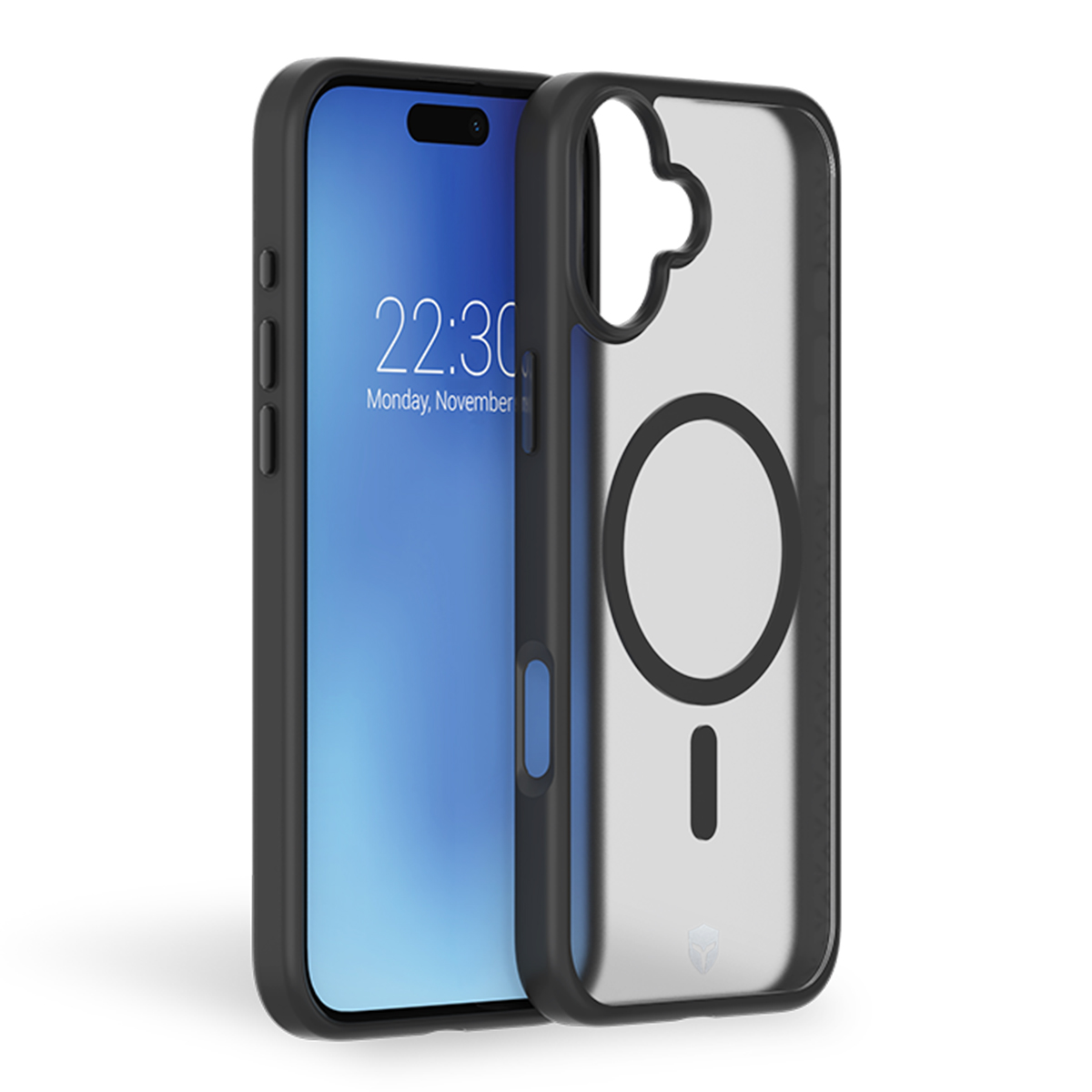 Un telefono nero e una custodia trasparente con un cerchio. Il telefono mostra l'ora. Sfondo bianco.