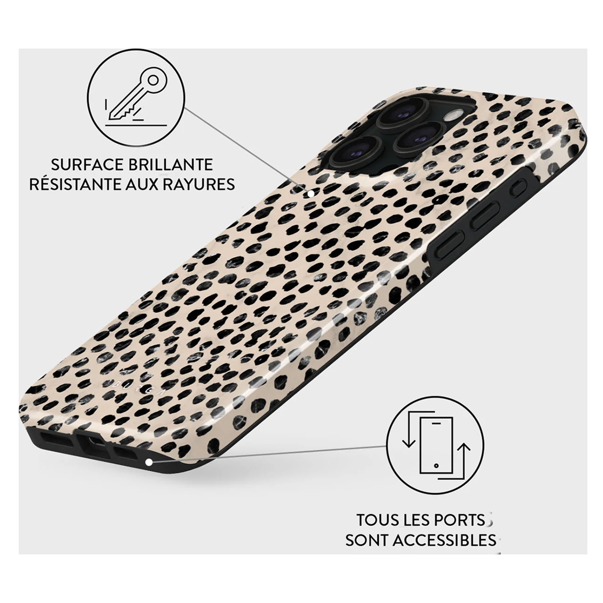 Custodia per telefono con motivo leopardato. Testo evidenzia: superficie lucida, resistente ai graffi, porte accessibili.