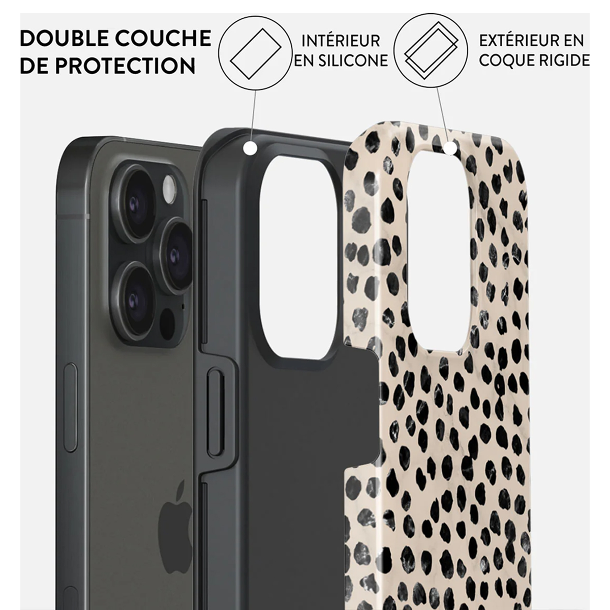 Custodia per telefono con design a pois neri. Mostra un concetto di protezione a strati.
