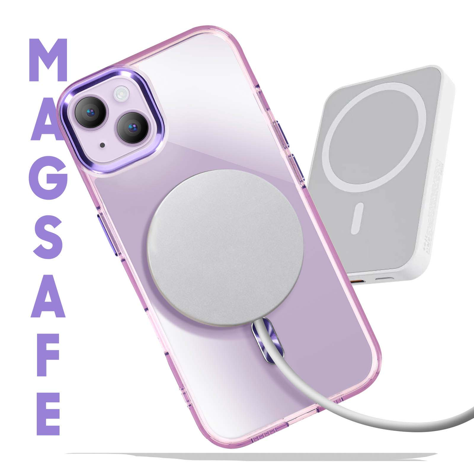 Custodia trasparente per iPhone con caricatore MagSafe. Dettagli viola. Sfondo bianco.