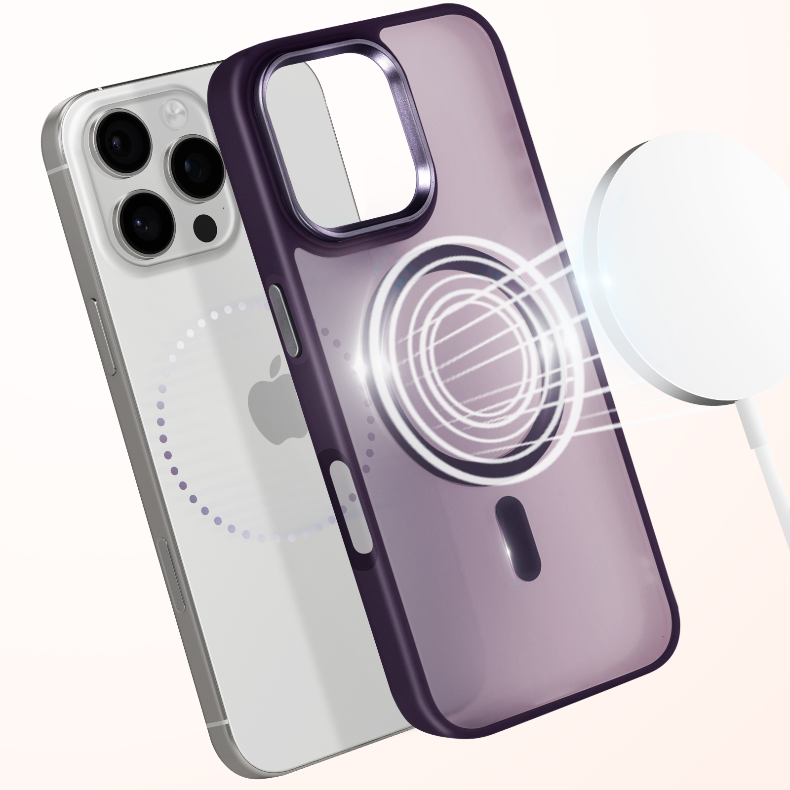 Telefono con custodia viola e caricatore MagSafe bianco. Il caricatore è collegato.