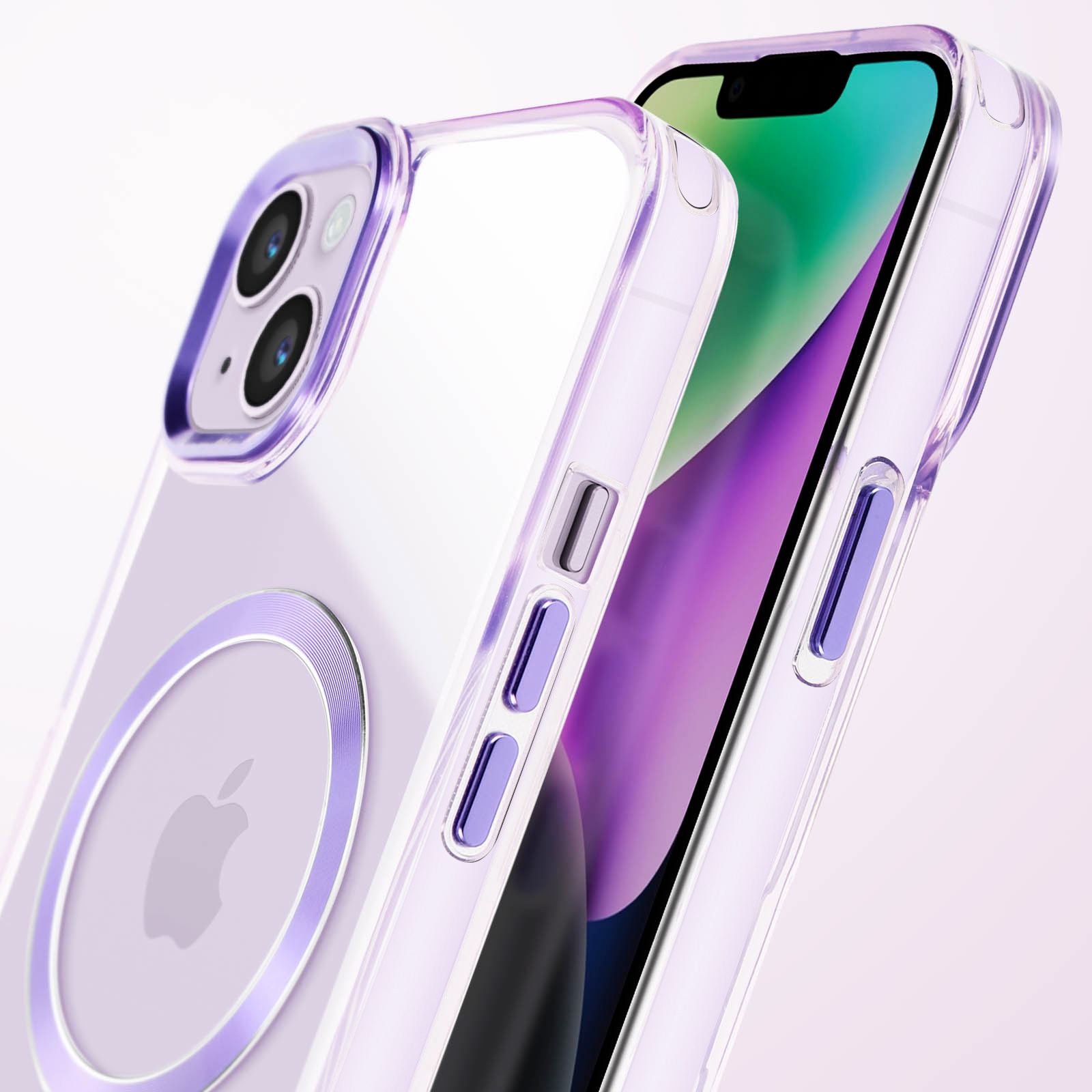 Una custodia trasparente per telefono con bordo viola e un telefono all'interno. Il logo Apple è visibile.