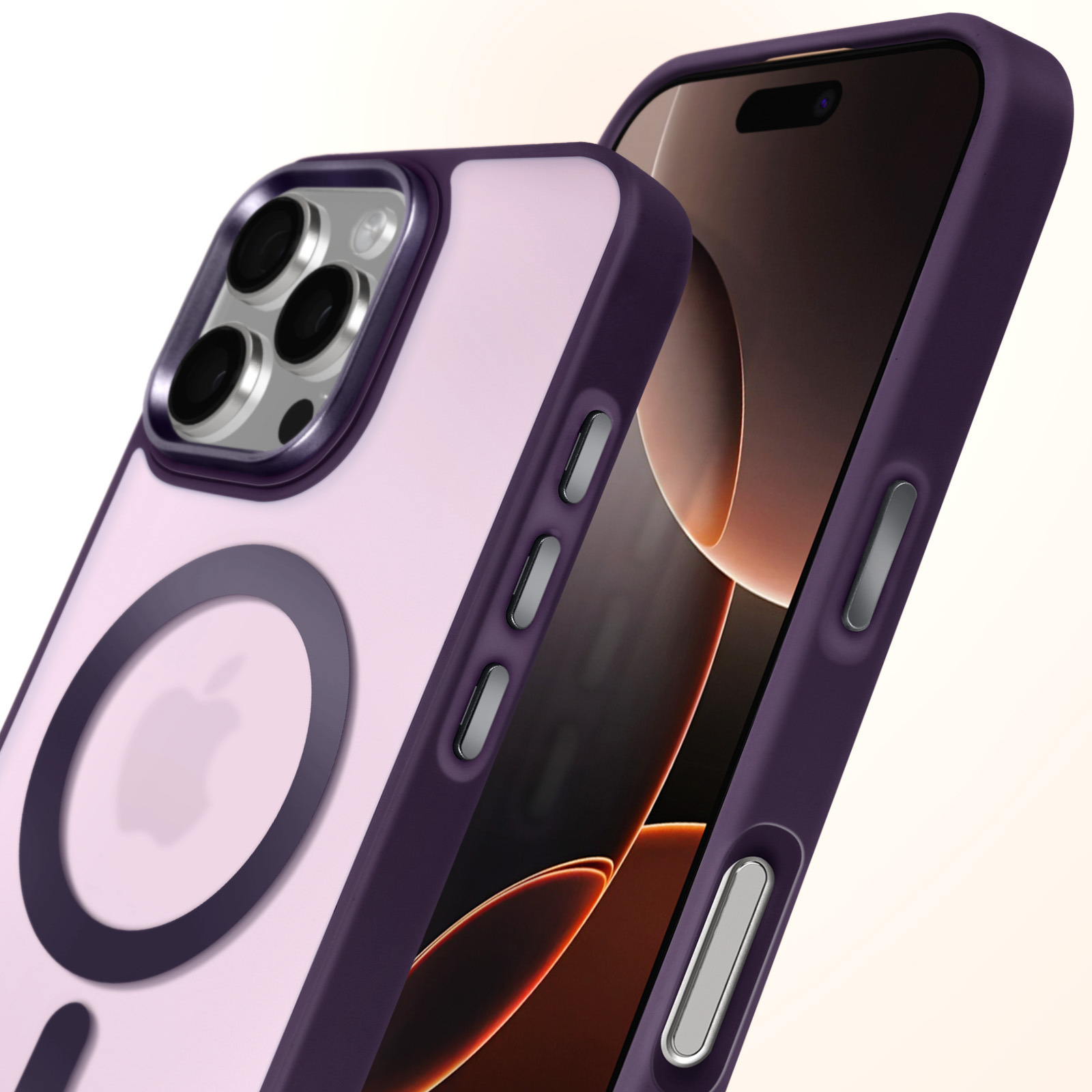Un telefono in una custodia viola, con un interno rosa chiaro. La custodia ha un cerchio magnetico. Uno schermo scuro è visibile.