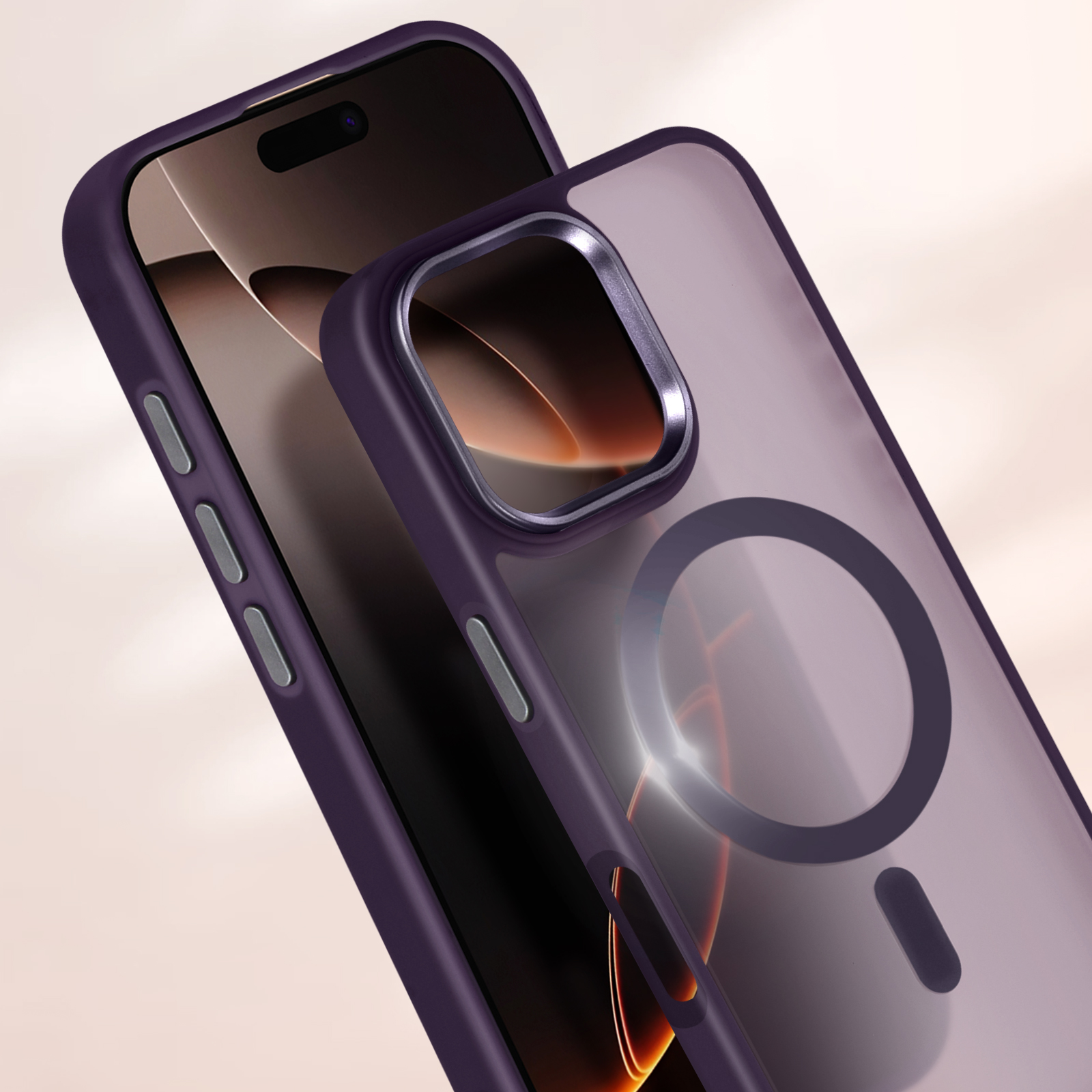 Custodia per telefono viola con retro trasparente e ritaglio per la fotocamera.
