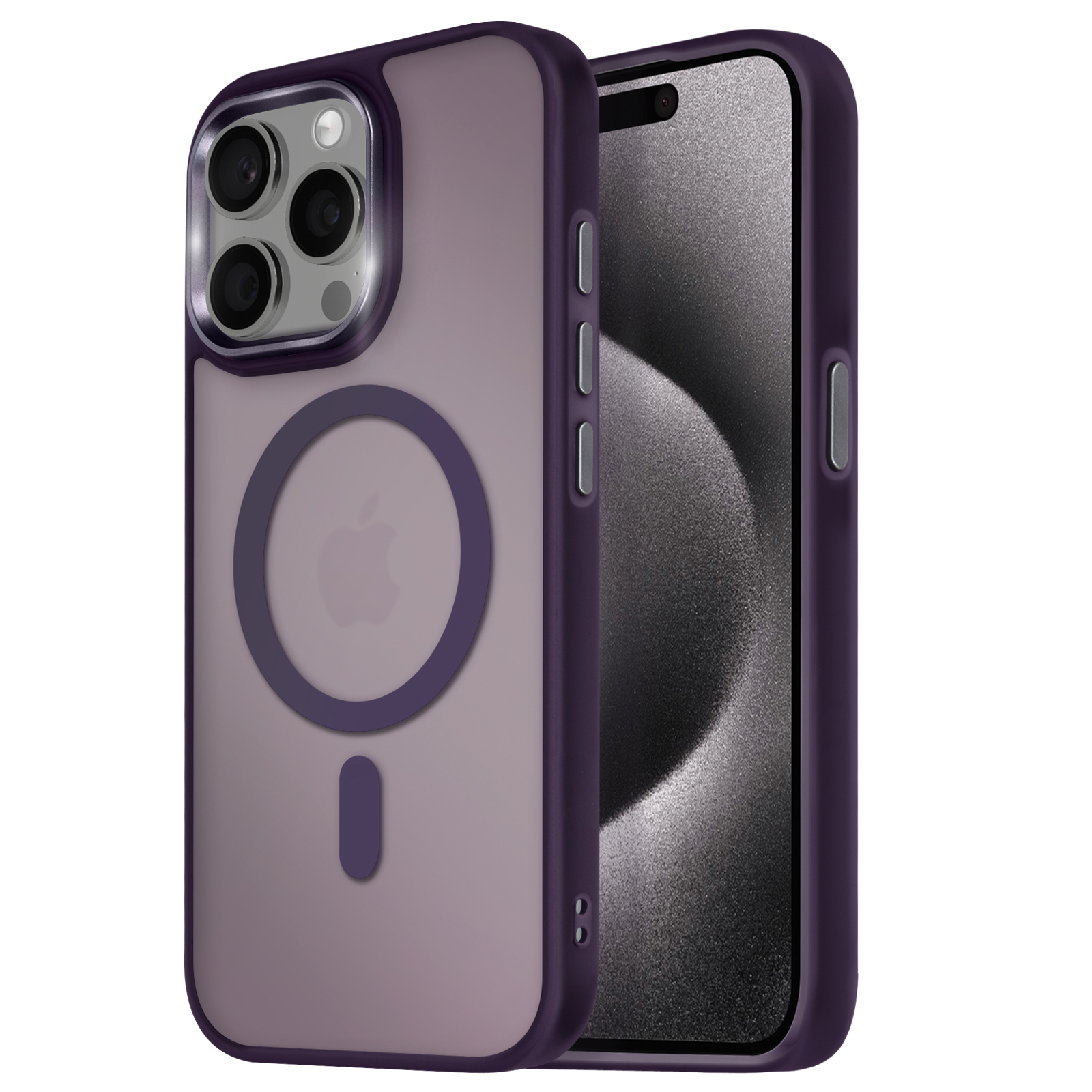 Custodia per iPhone viola con cerchio MagSafe. Schermo nero del telefono visibile.