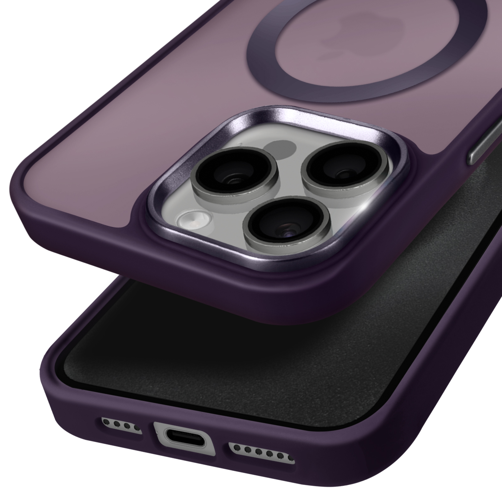 Due custodie viola per telefono, una aperta, che mostra l'area della fotocamera del telefono.